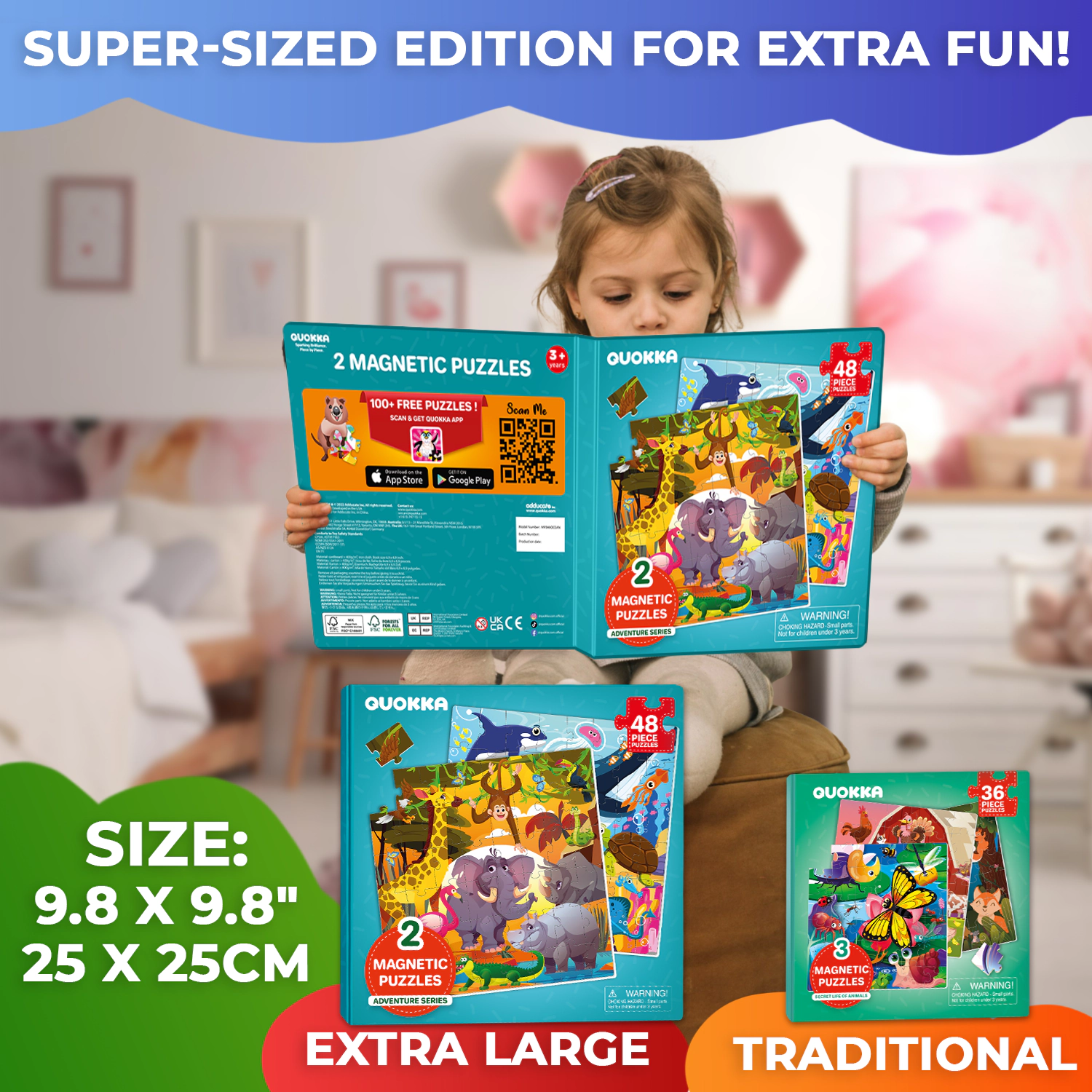 QUOKKA Magnetic Travel Puzzle Set - 2x48 Piece Jigsaw Puzzles with Animal, Fantasy and Map Themes for Kids Ages 2-8