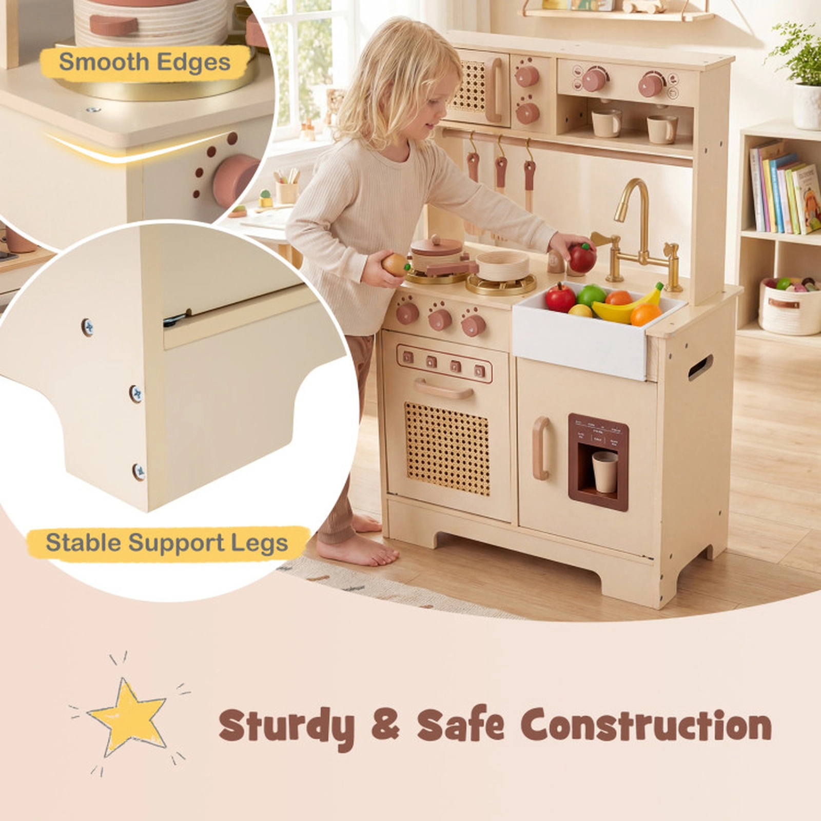 SUGIFT Yellow Ice Machine Coffee Maker and Rattan Accents Kids Wooden Chef Play Kitchen