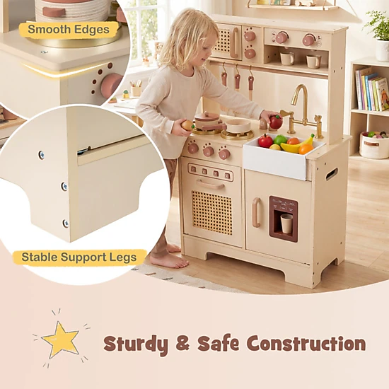 SUGIFT 23.5-in Yellow Wooden Kids Kitchen Playset with Ice Machine Coffee Maker and Rattan Accents 19.5-in Counter