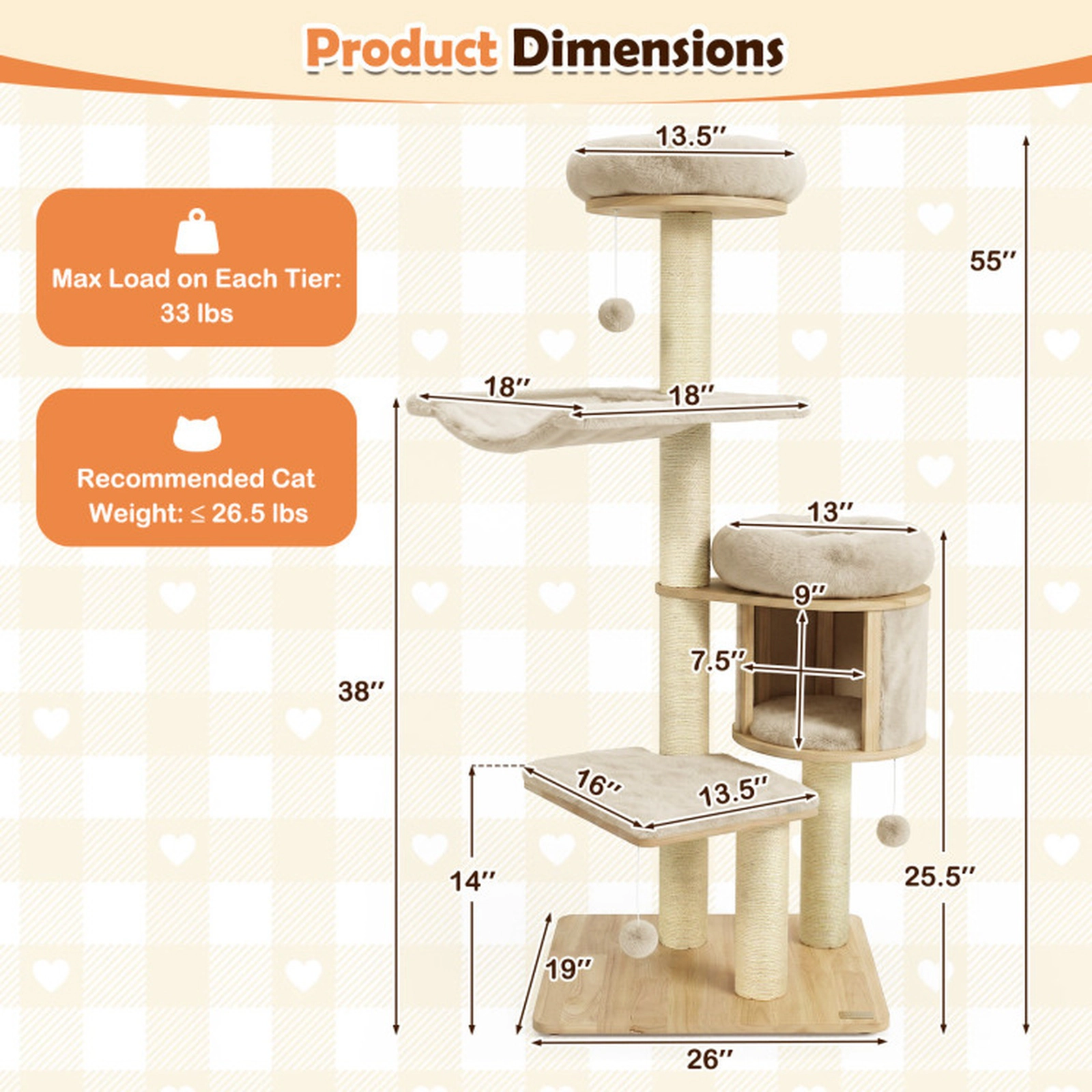 SUGIFT Beige Rubber Wood Cat Tree with Condo Hammock and Plush Beds 26-in W 19-in D 55-in H 33-lb Per Tier