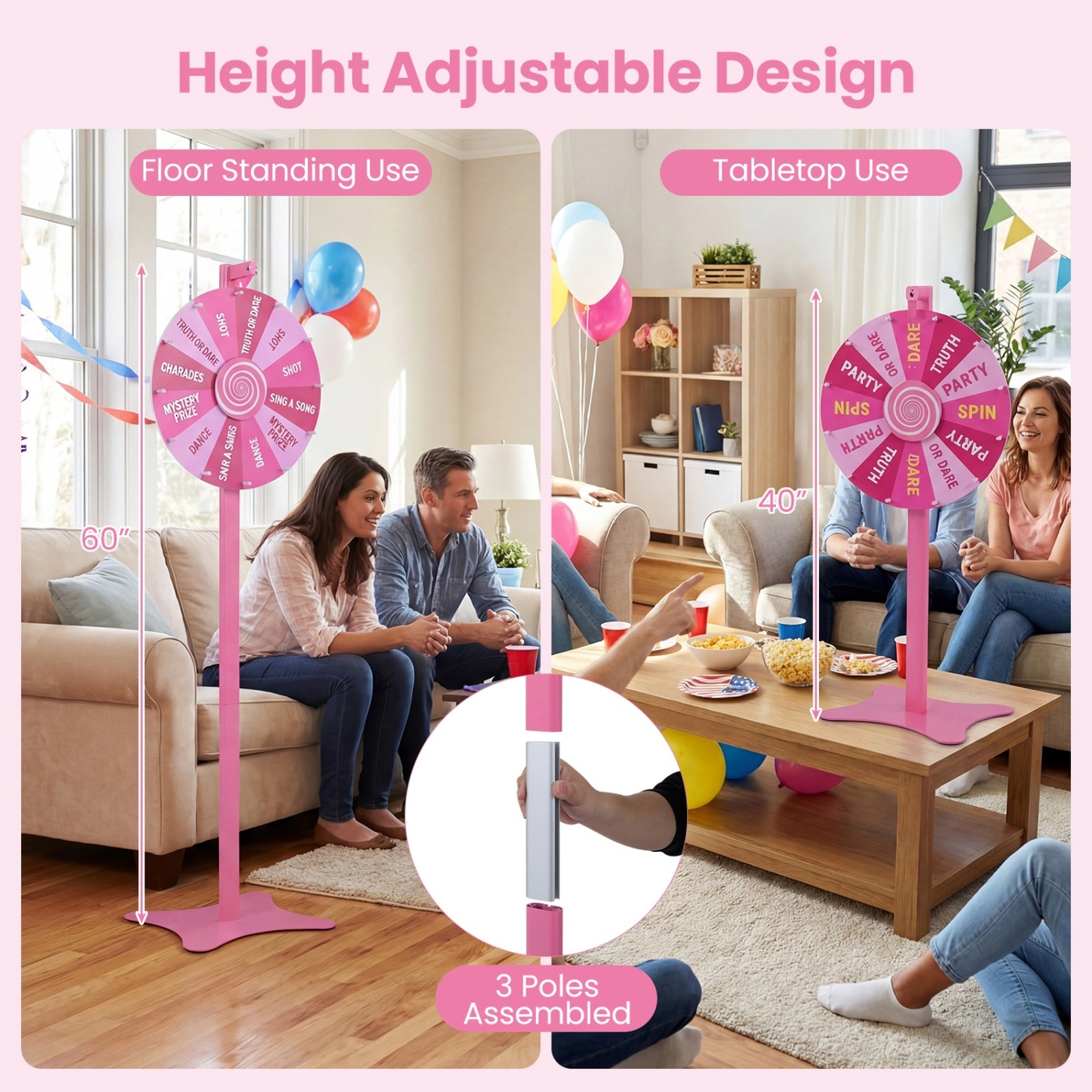SUGIFT 18-In Prize Wheel Game with Blackboard Marker and Eraser Adjustable Floor or Table Use Pink