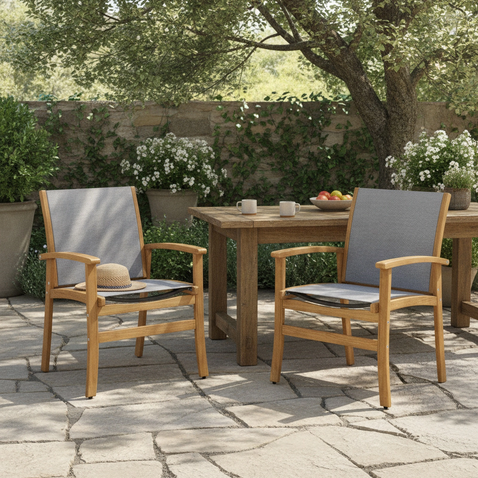 SUGIFT Set of 2 Patio Dining Chairs, Acacia Wood, Sling Fabric, Curved Arms, Natural Gray