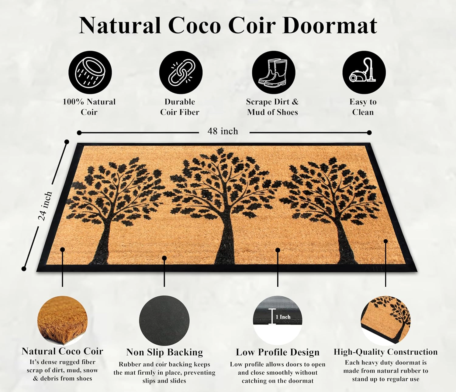A1HC Door Mat 24x48 Inches Heavy Duty Non-Slip Durable Black Three Tree