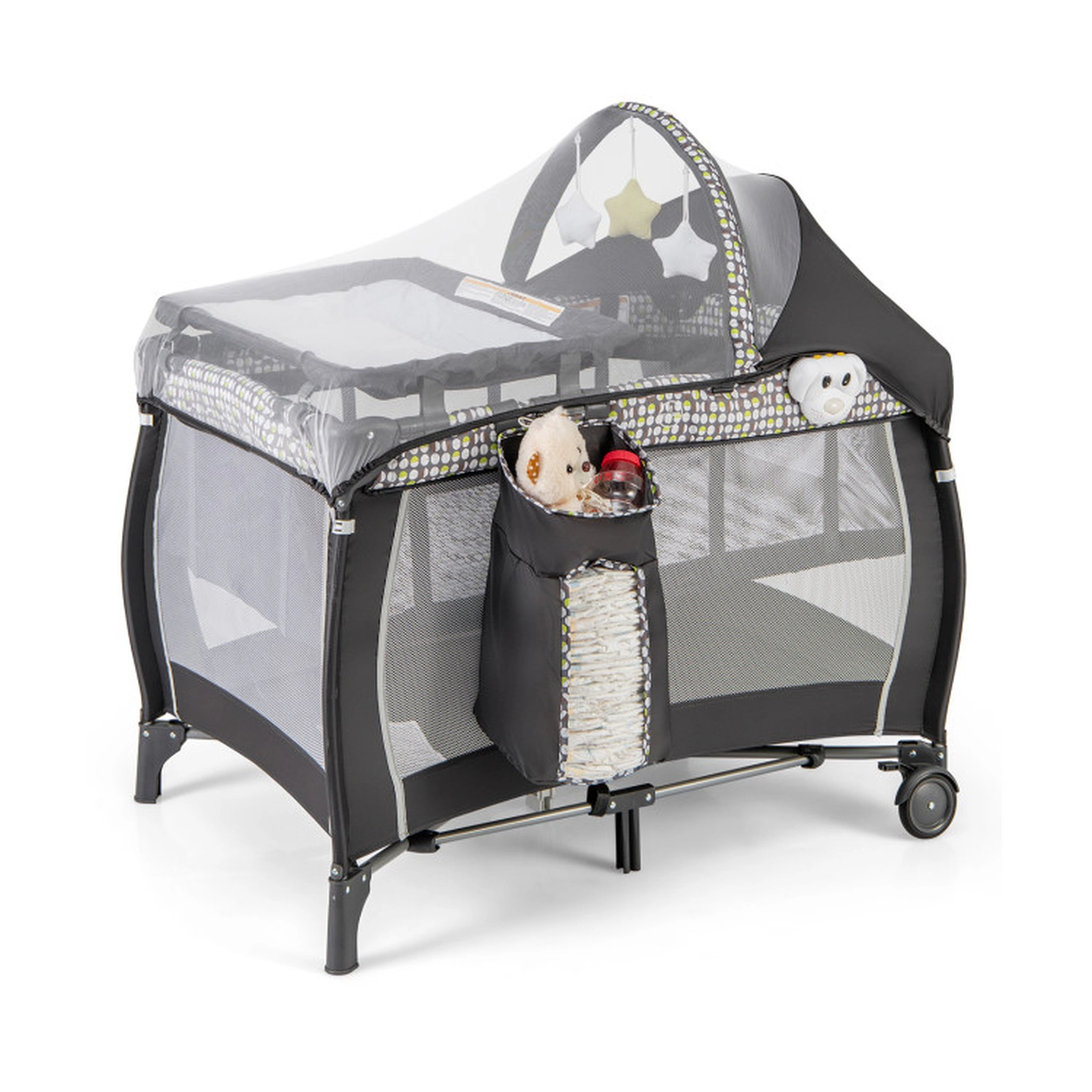 SUGIFT 4-in-1 Portable Baby Nursery Center Travel Crib and Playard 33-lb Capacity Ages 0-3 Years Gray