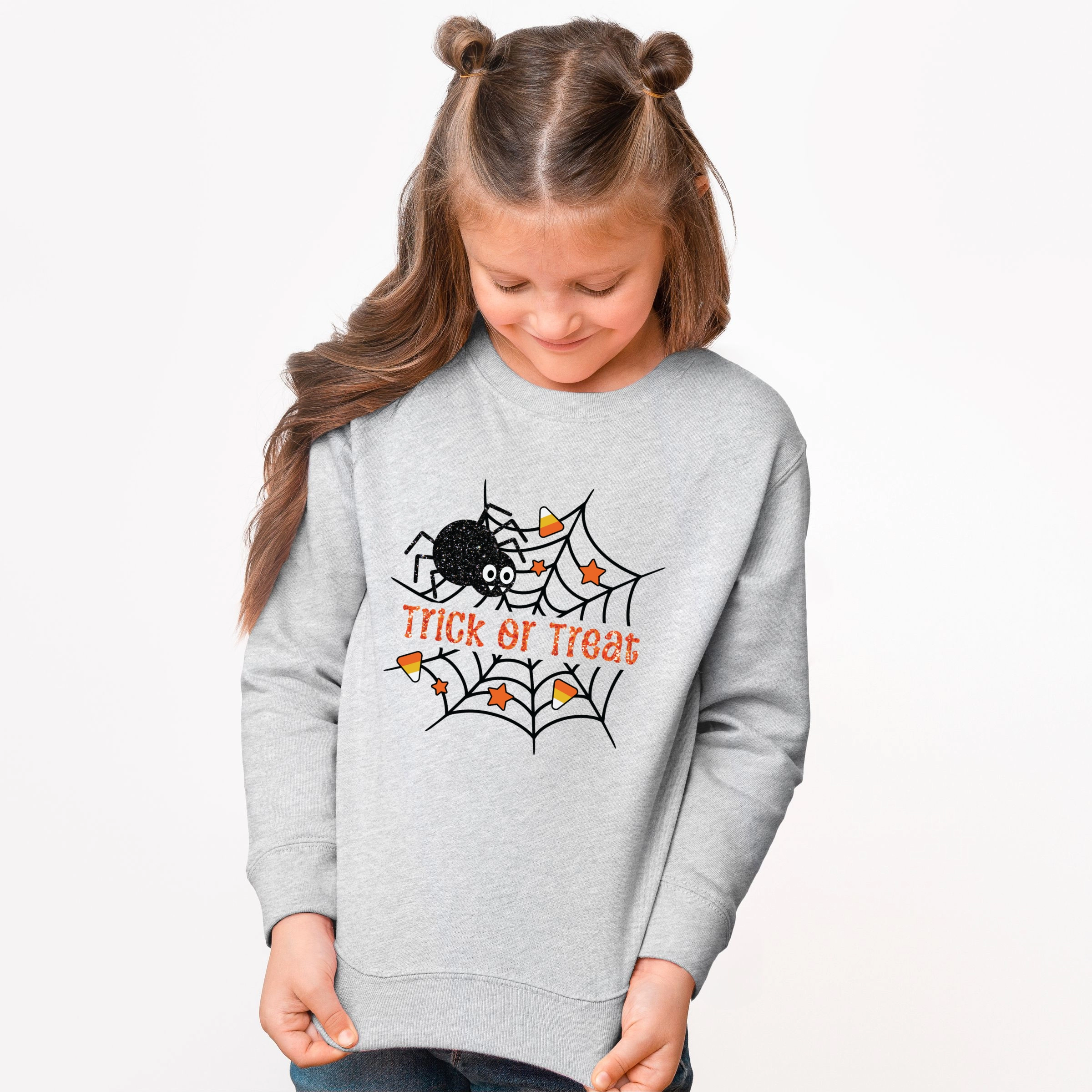 The Juniper Shop - Youth Graphic Sweatshirt Trick or Treat Spiderweb Glitter