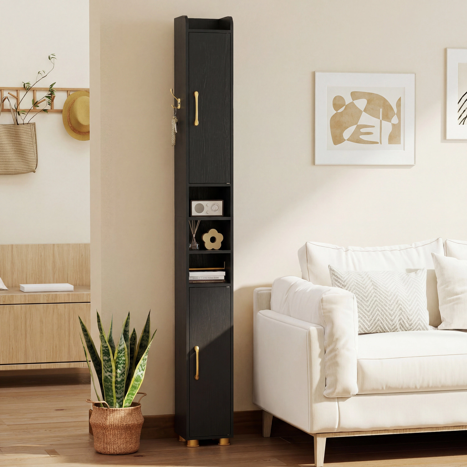SlickBlue Slim Bathroom Storage Cabinet with Shelves, Hooks & Doors