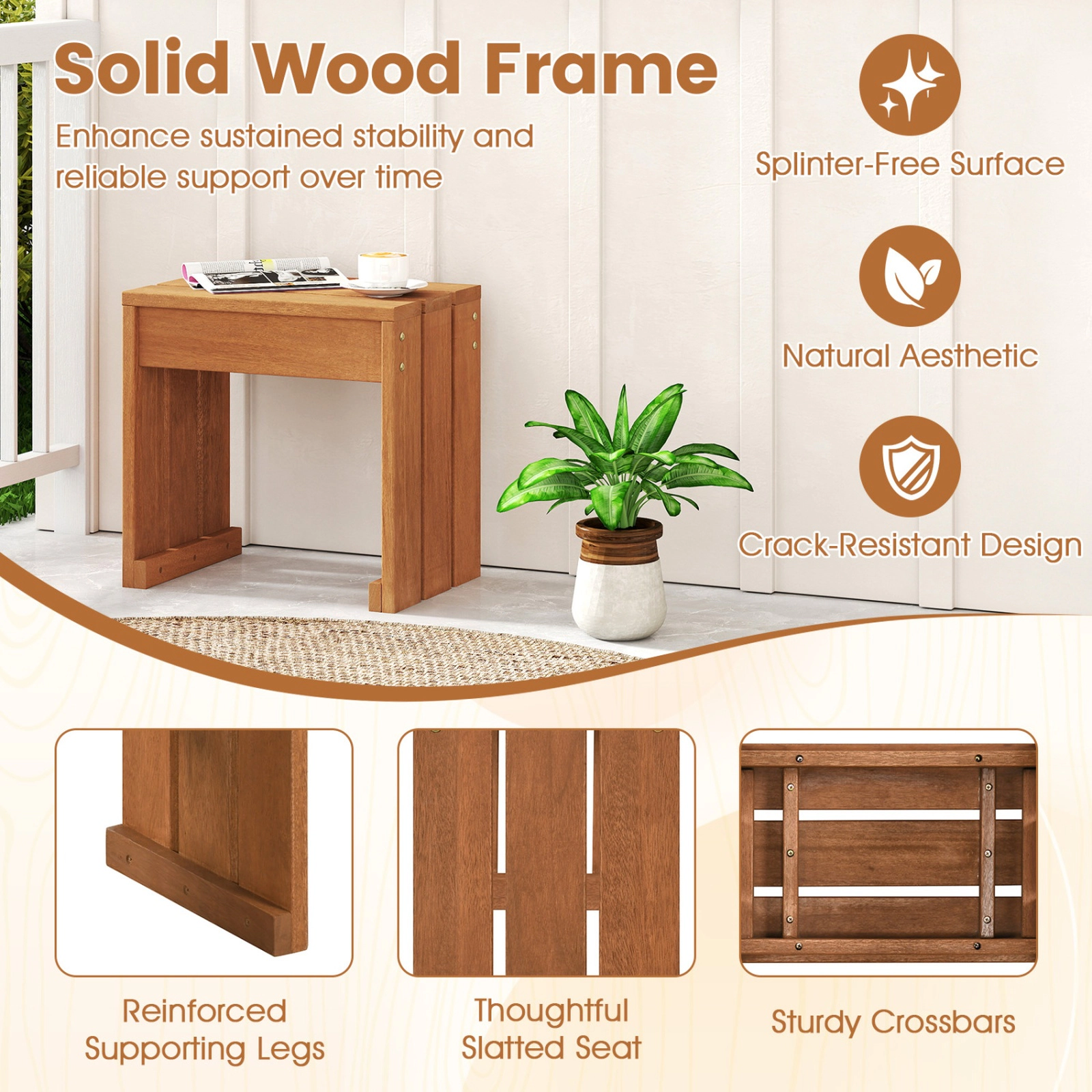 SUGIFT 18-Inch Natural Wood Backless Bench, Single-Seat Balcony Plant Stand and Side Table