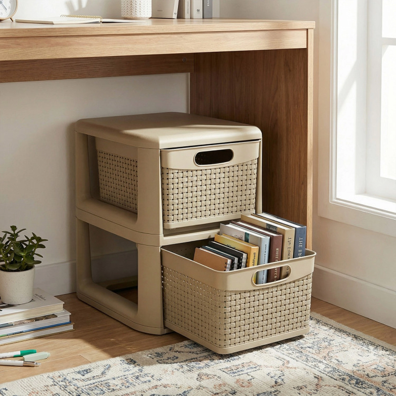 SUGIFT Brown 2-Drawer Bathroom Storage Organizer with Wicker Pattern and Dual-Side Handles