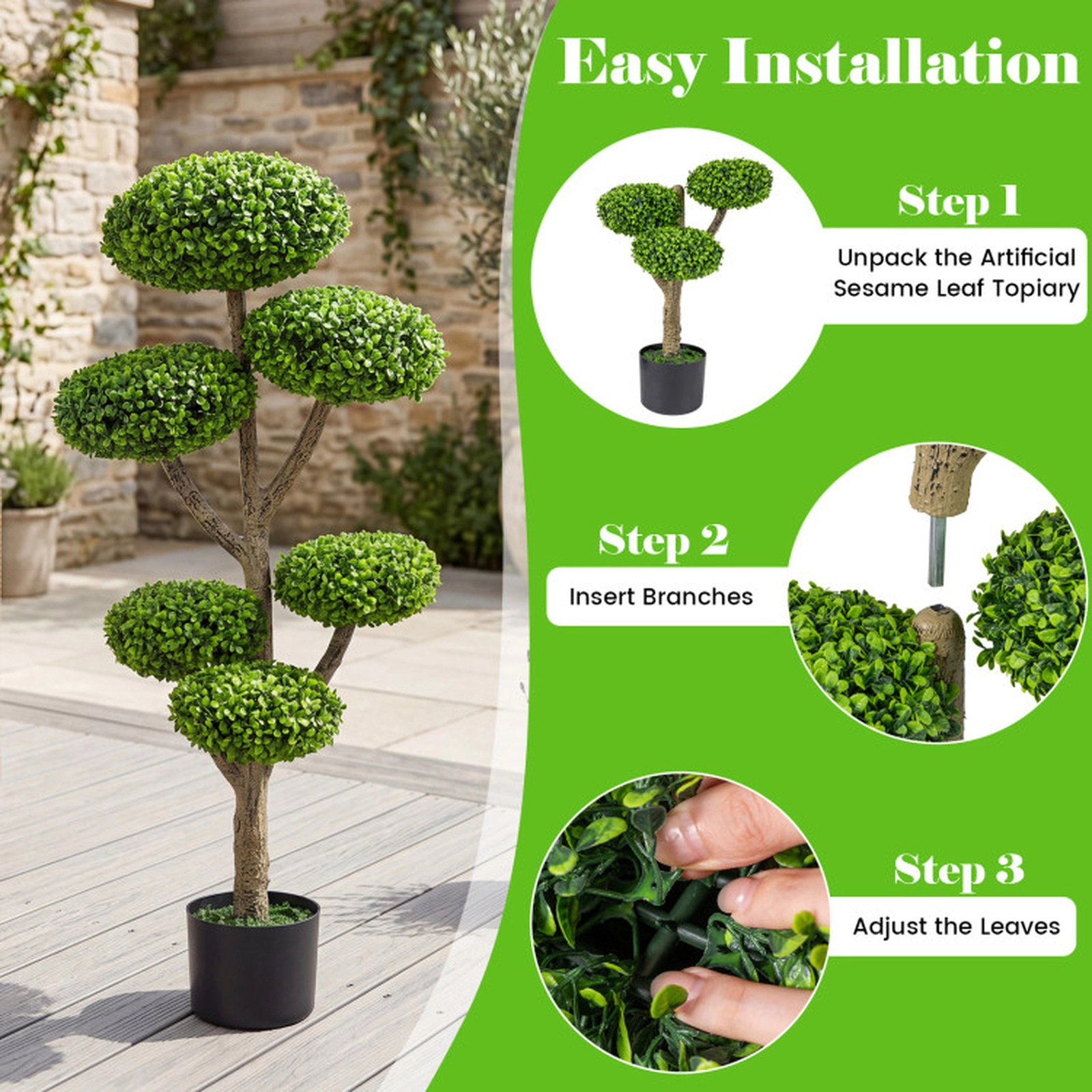 SUGIFT 45-in 6-Ball Artificial Topiary Tree with Realistic Trunk and Weighted Cement-Filled Base