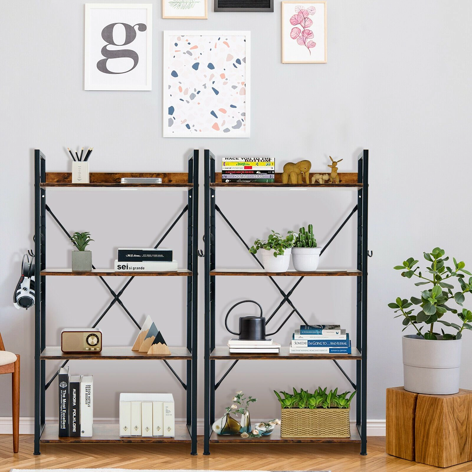 SlickBlue 4-Tier Industrial Bookcase, Adjustable Wooden Shelves