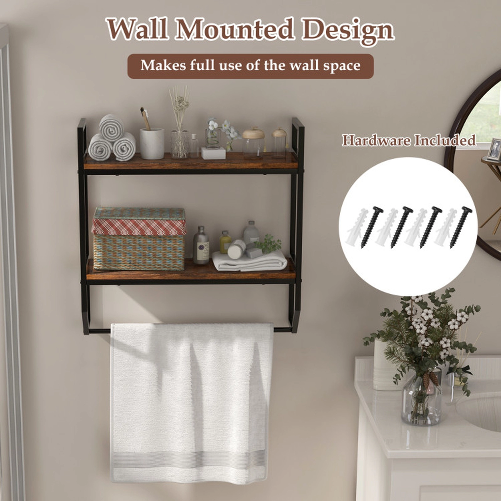 SUGIFT 23-in 2-Shelf Wall Mounted Over the Toilet Storage Shelf with Round Metal Towel Bar and Rustproof Frame
