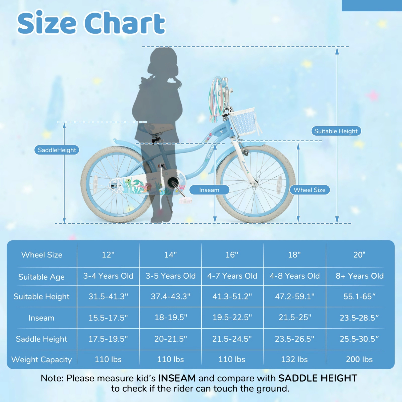 20-in Kids Bike for Ages 8+ with Kickstand Removable Basket Streamers and Hand Brake Mermaid Graphics Bicycle