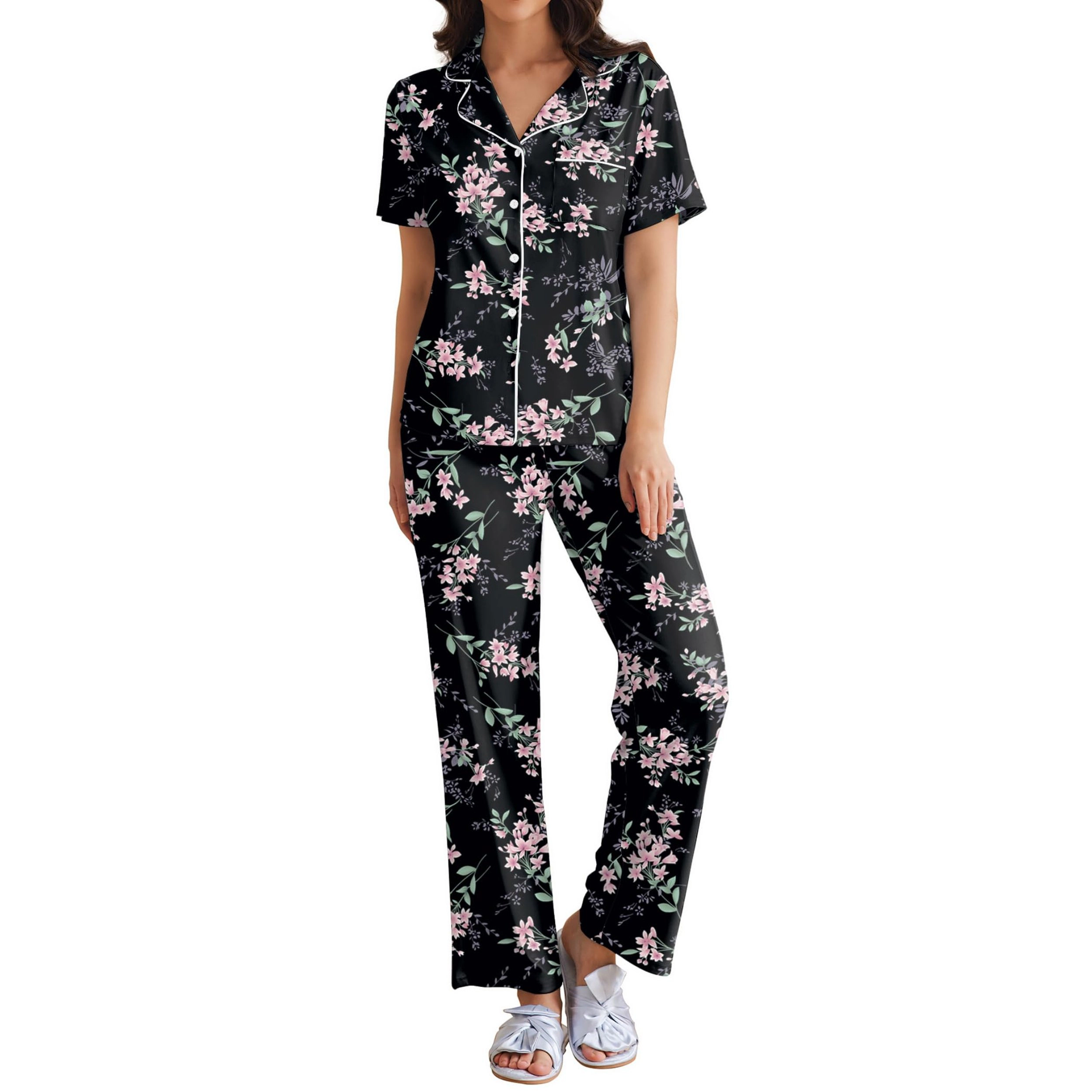 Ekouaer Womens Pajamas Set Button Down Sleepwear Short Sleeve Nightwear with Long Pants