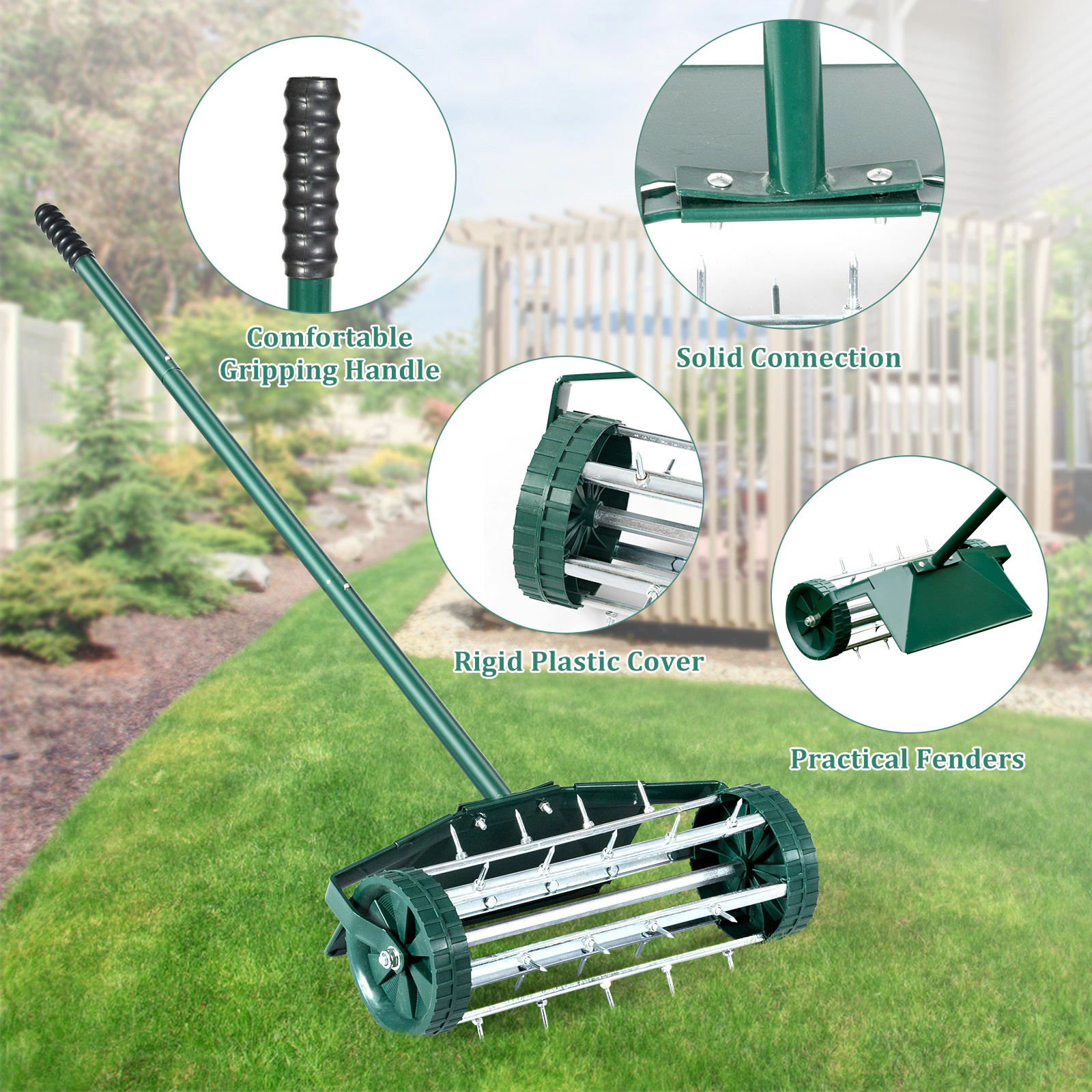 SUGIFT 18-in Rolling Lawn Aerator Spike Roller with 1.2-in Nails Splash Guard and Rubber Grip Handle