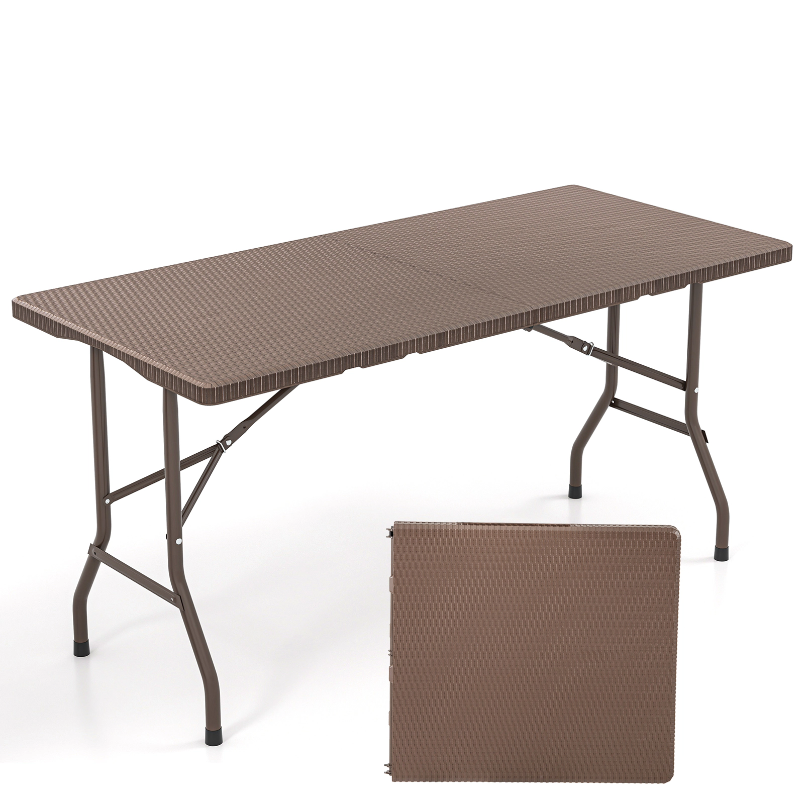 SUGIFT 5 ft Folding Picnic Table Coffee with Rattan Grain HDPE Top and Metal Frame