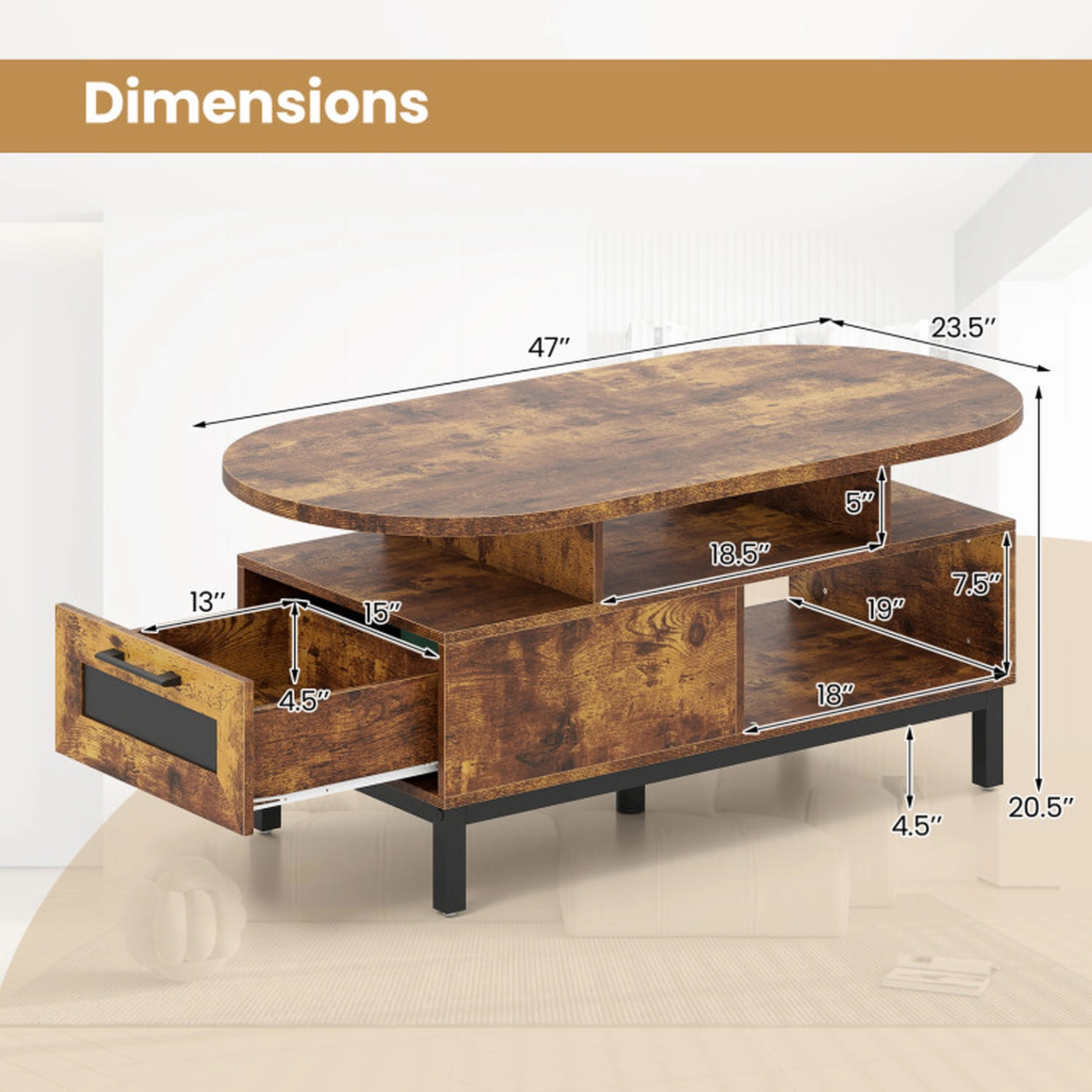 SUGIFT 47-in 110-lb Capacity Rustic Brown Oval Coffee Table with Drawer 2 Open Compartments and 5-Leg Base