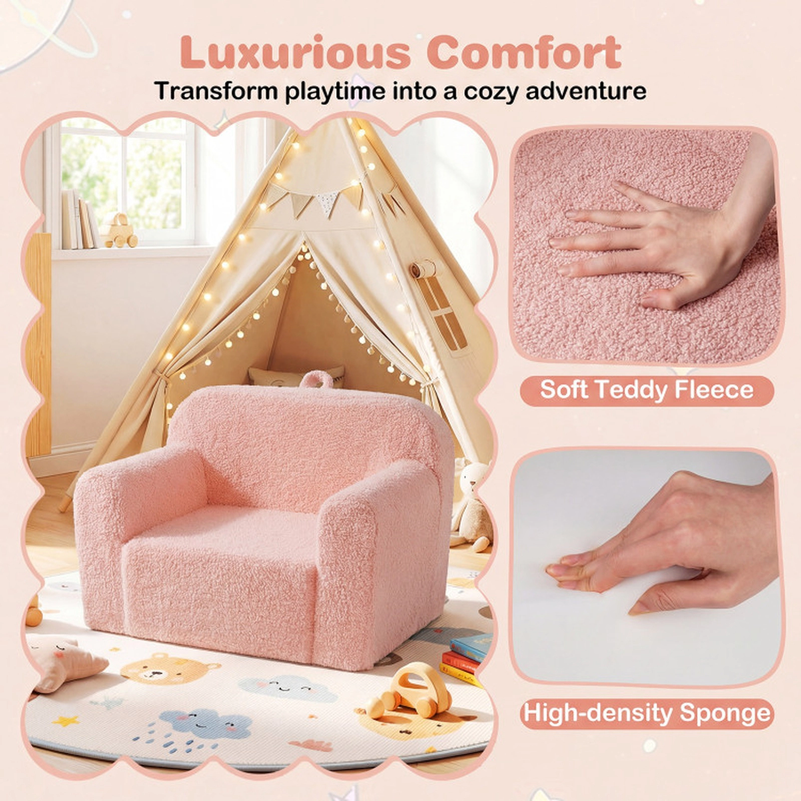SUGIFT Teddy Fleece Kids Couch Toddler Sofa Chair with Carry Handle 24.5 x 16 x 16 in for Ages 3+ 4-lb Pink
