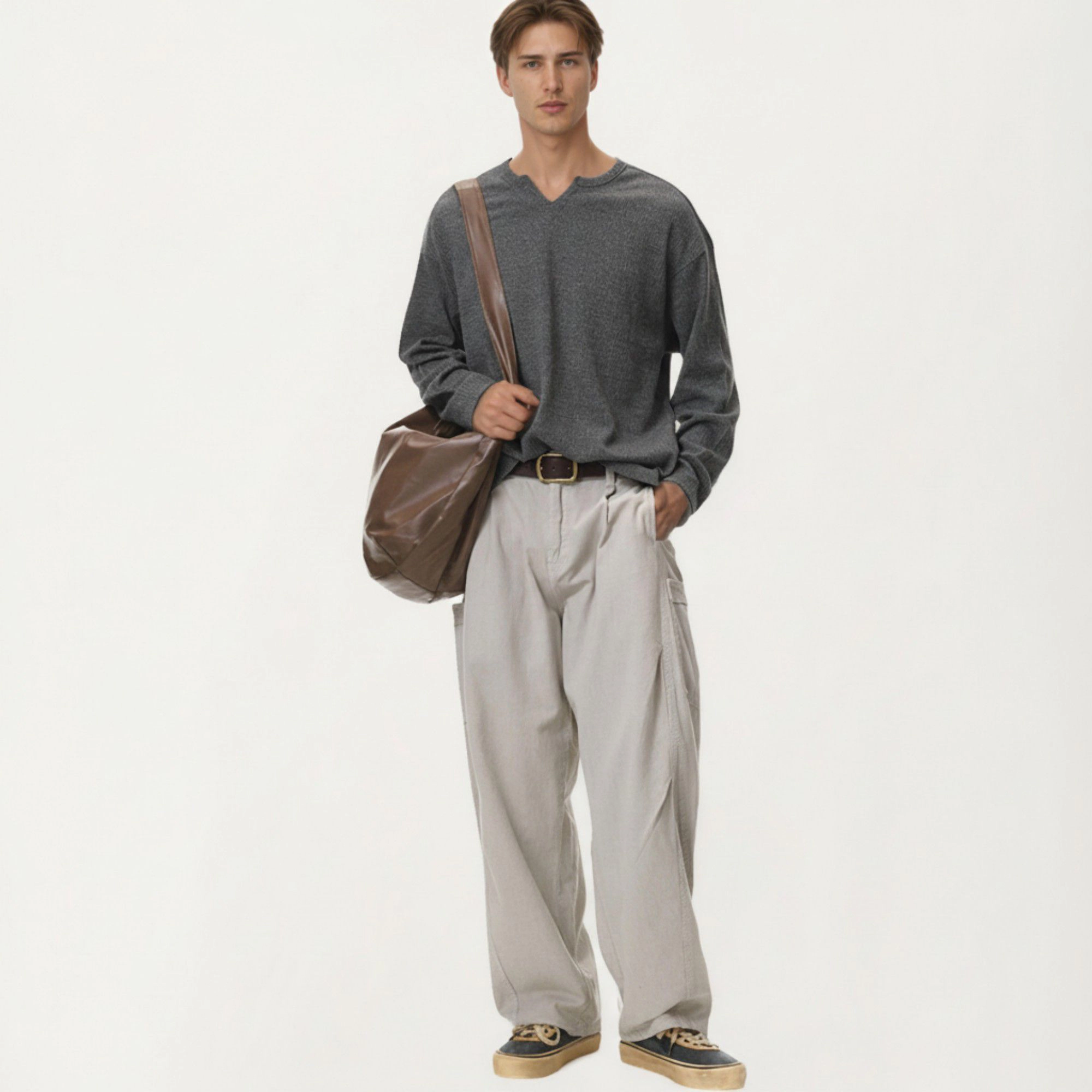 Anna-Kaci Men's Long Sleeve Pullover Top with Layered Notch Neckline and Relaxed Fit