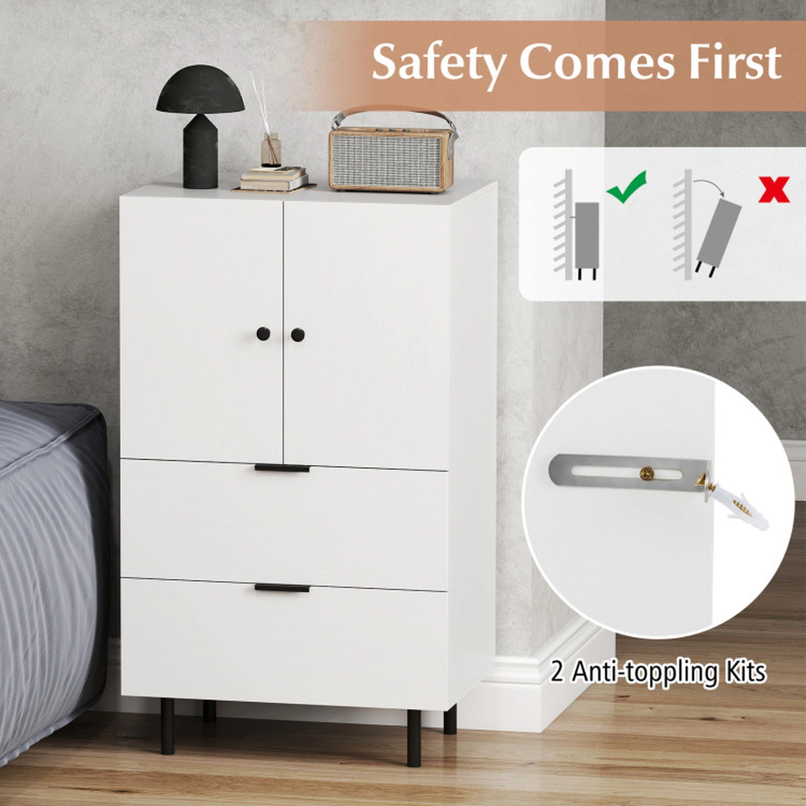 SUGIFT 2-Door Narrow 2 Drawers Metal Legs Sideboard Buffet Cabinet 23.5-in x 16.5-in x 40-in 155-lb Capacity White
