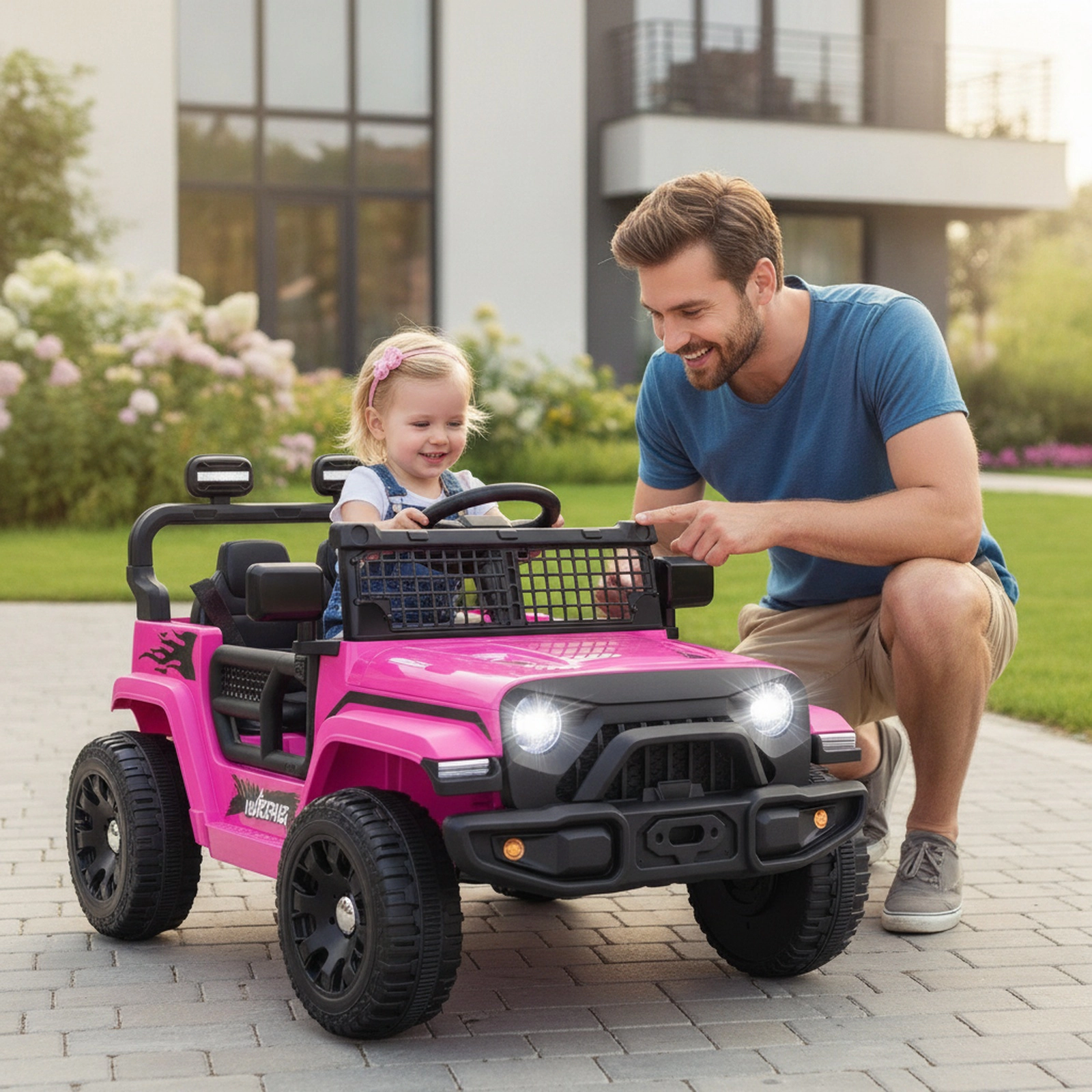 12V Kids Ride On Truck Parent Remote Emergency Brake Lockable Doors Foldable Rearview Mirrors Ages 3+ Pink