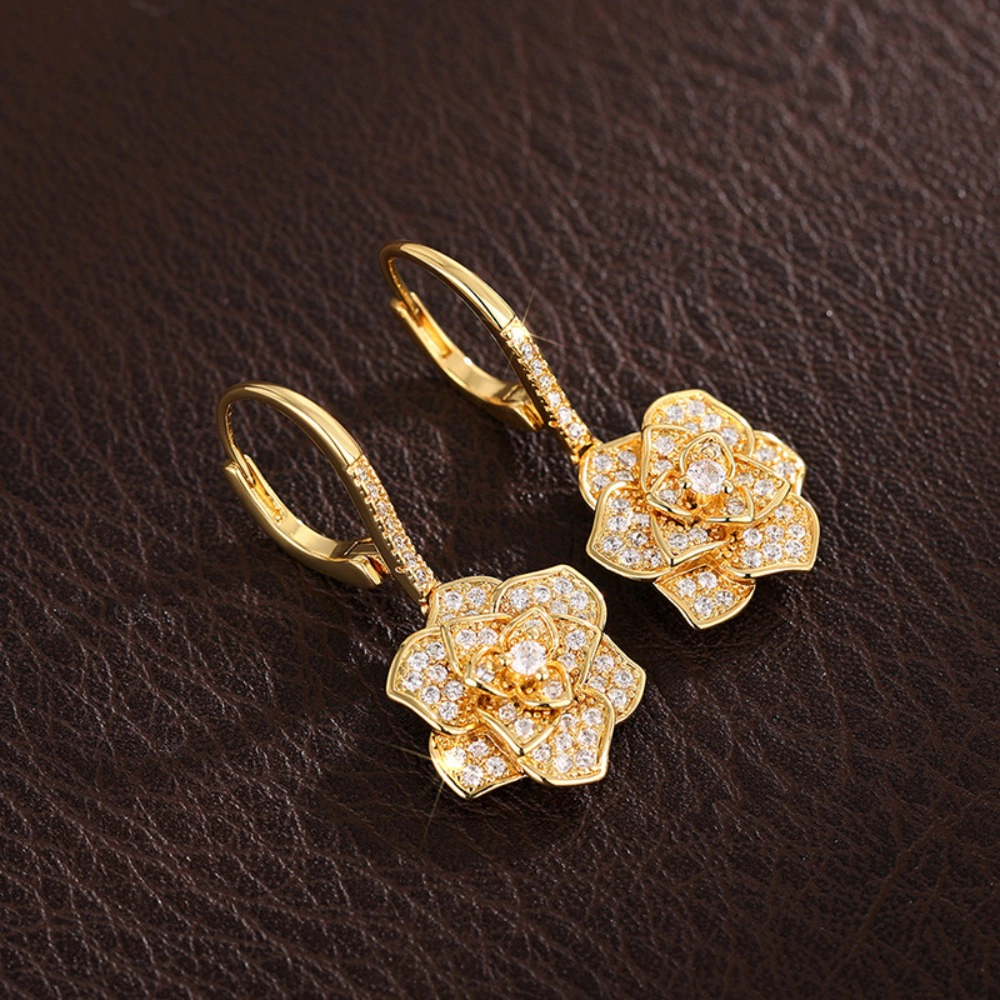 Luxury Camellia Flower Cubic Zirconia Dangle Earrings for Women