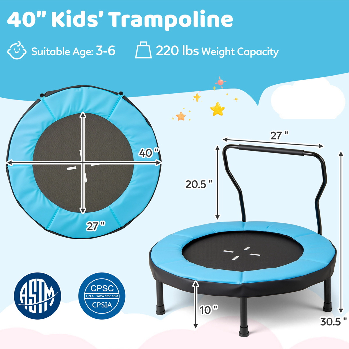 SUGIFT Blue Foam Handle for Indoor and Outdoor Fitness 40 Inch Kids Trampoline