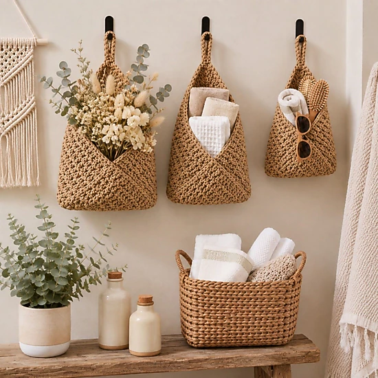 Alilang Unisex Woven Cotton Rope Hanging Basket Set Wall Storage Organizer with Hooks