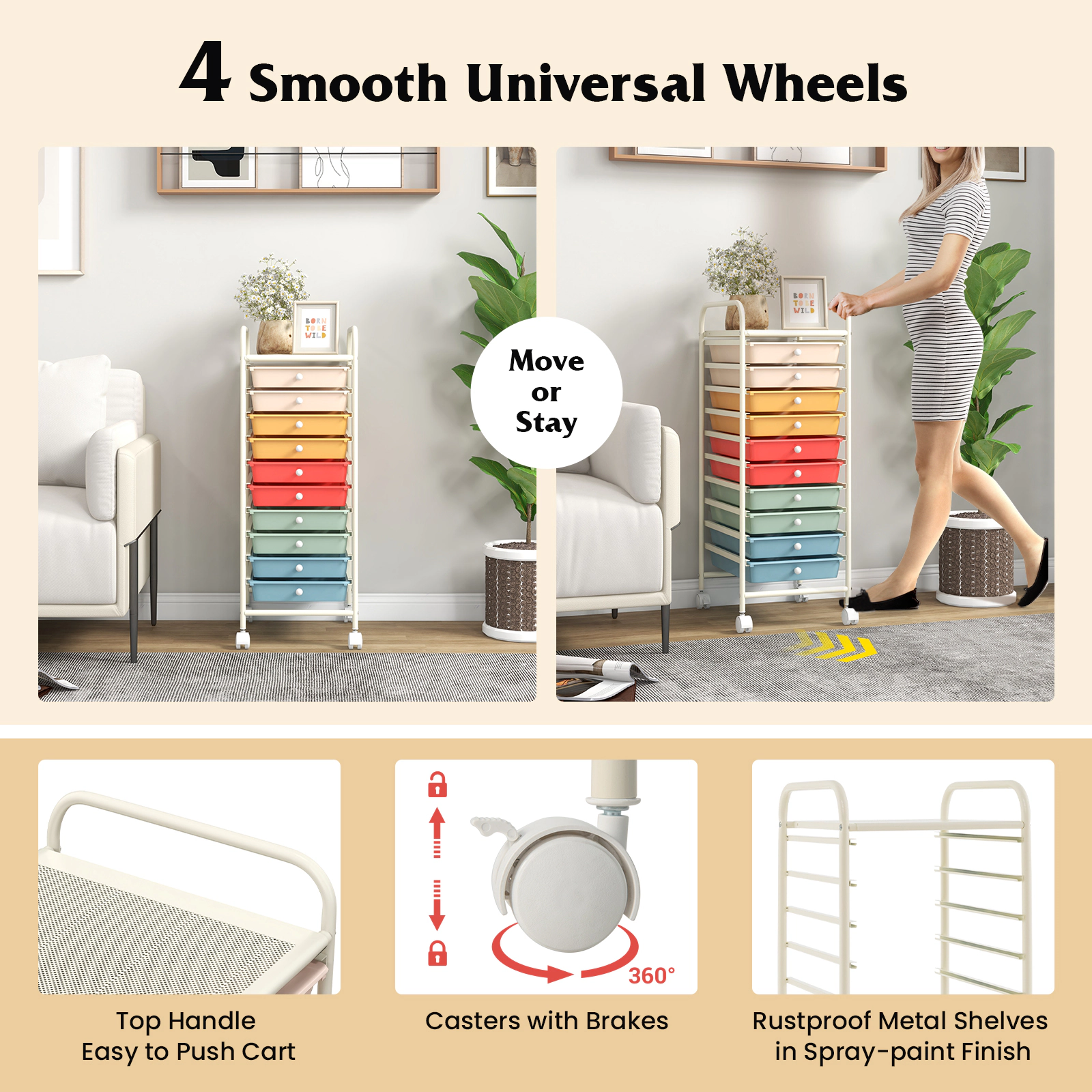 SUGIFT 34-in 10-Drawer Rolling Storage Cart Craft Organizer with Removable Drawers and 4 Universal Casters