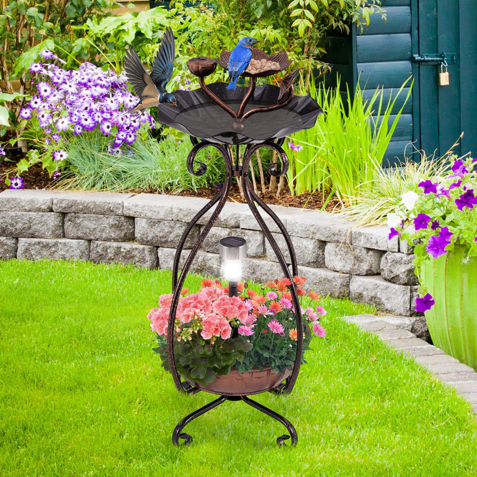 SlickBlue Standing Metal Birdbath with Solar Lights and Lotus Leaf Bowl