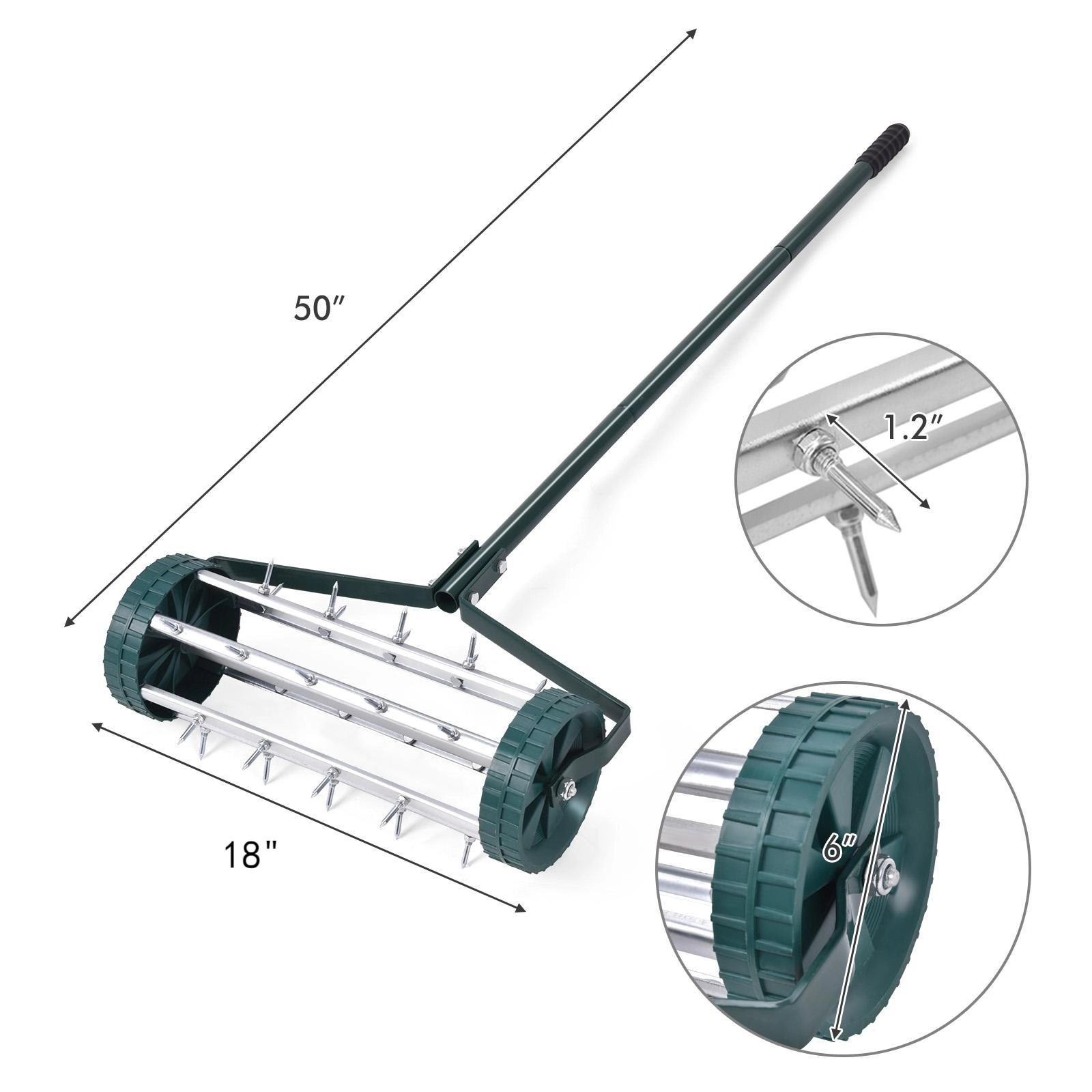 SUGIFT 18 in Rolling Lawn Aerator Green with Anti-Slip Handle and 1.2 in Tine Spikes