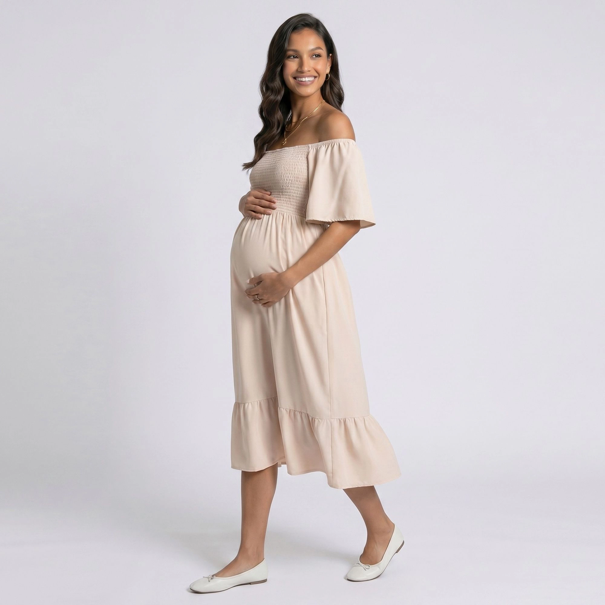 Anna-Kaci Women's Maternity Off Shoulder Smocked Short Sleeves Maxi Dress