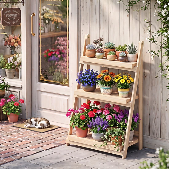 LJG 3-Tier Foldable Plant Stand with Slatted Shelves and Fir Wood Frame