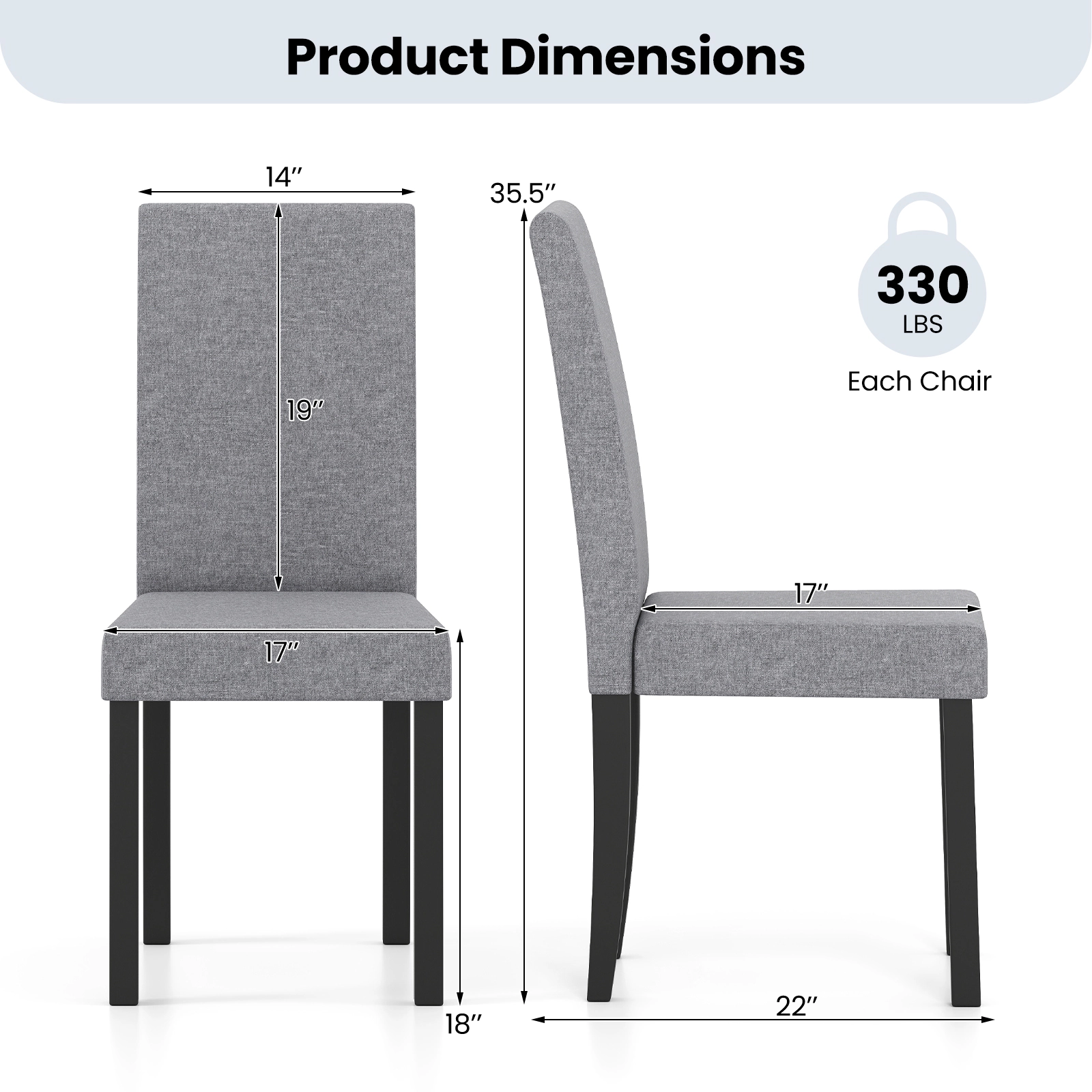 SUGIFT Set of 2 Mid-Century Modern Fabric Upholstered Parson Dining Chairs 330-Lb Capacity Light Gray