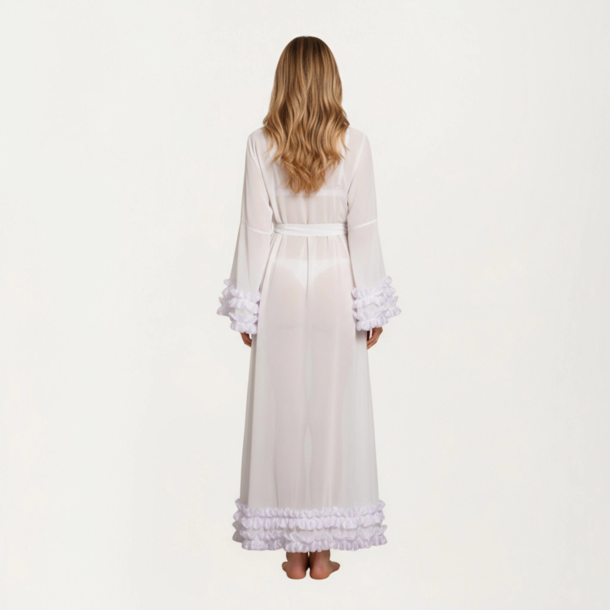 Anna-Kaci Women's Long Satin Robe with Sheer Bell Sleeves and Ruffle Trim Hem