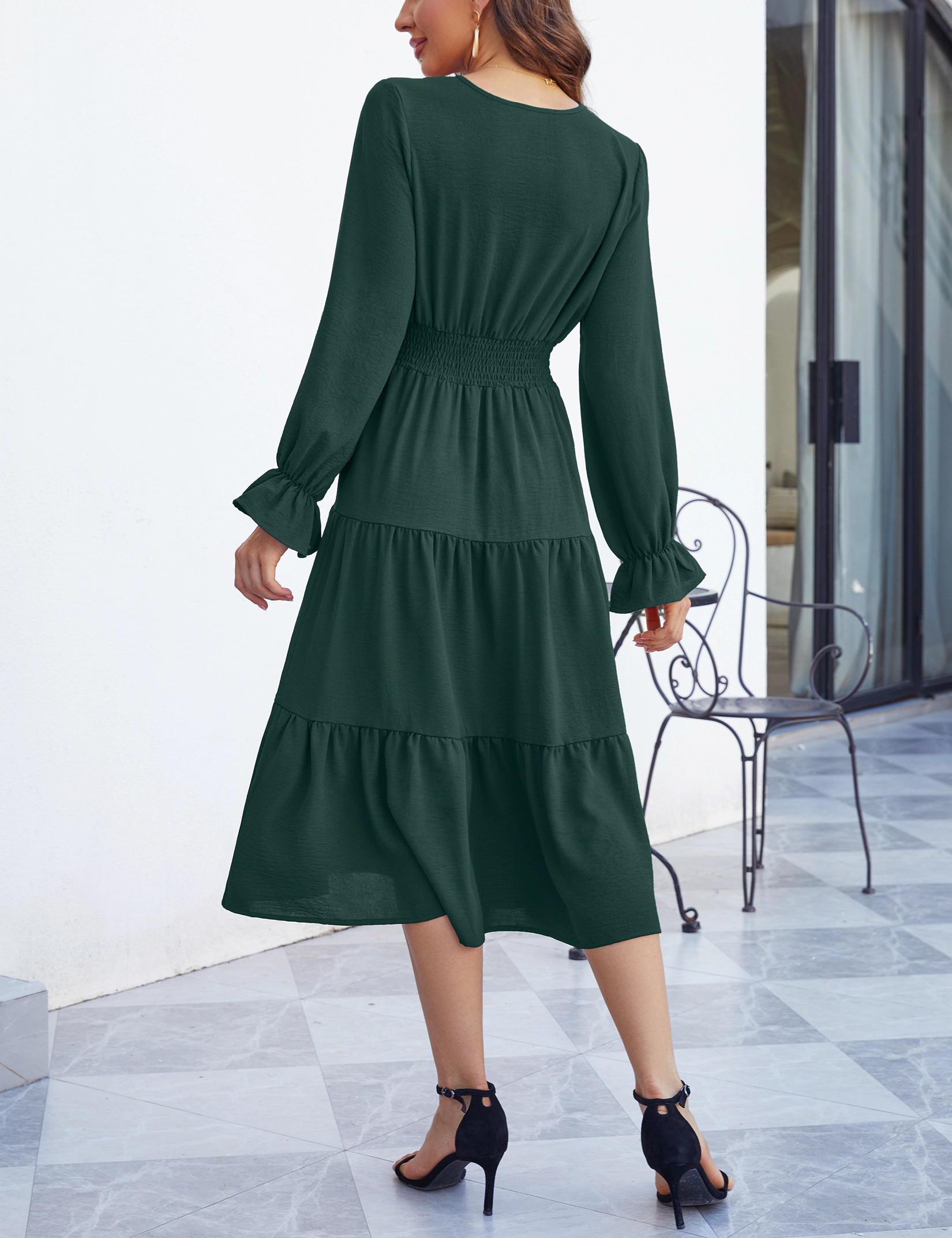 KOJOOIN Women V Neck Wrap Midi Dress Long Sleeve Tiered Ruffle Dresses Smocked Flowy Wedding Guest