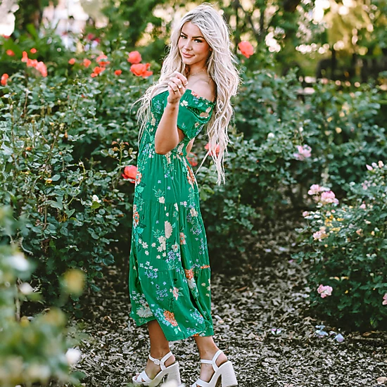 Floral Print Bubble Sleeve Smocked Tiered Midi Dress, Color: Green