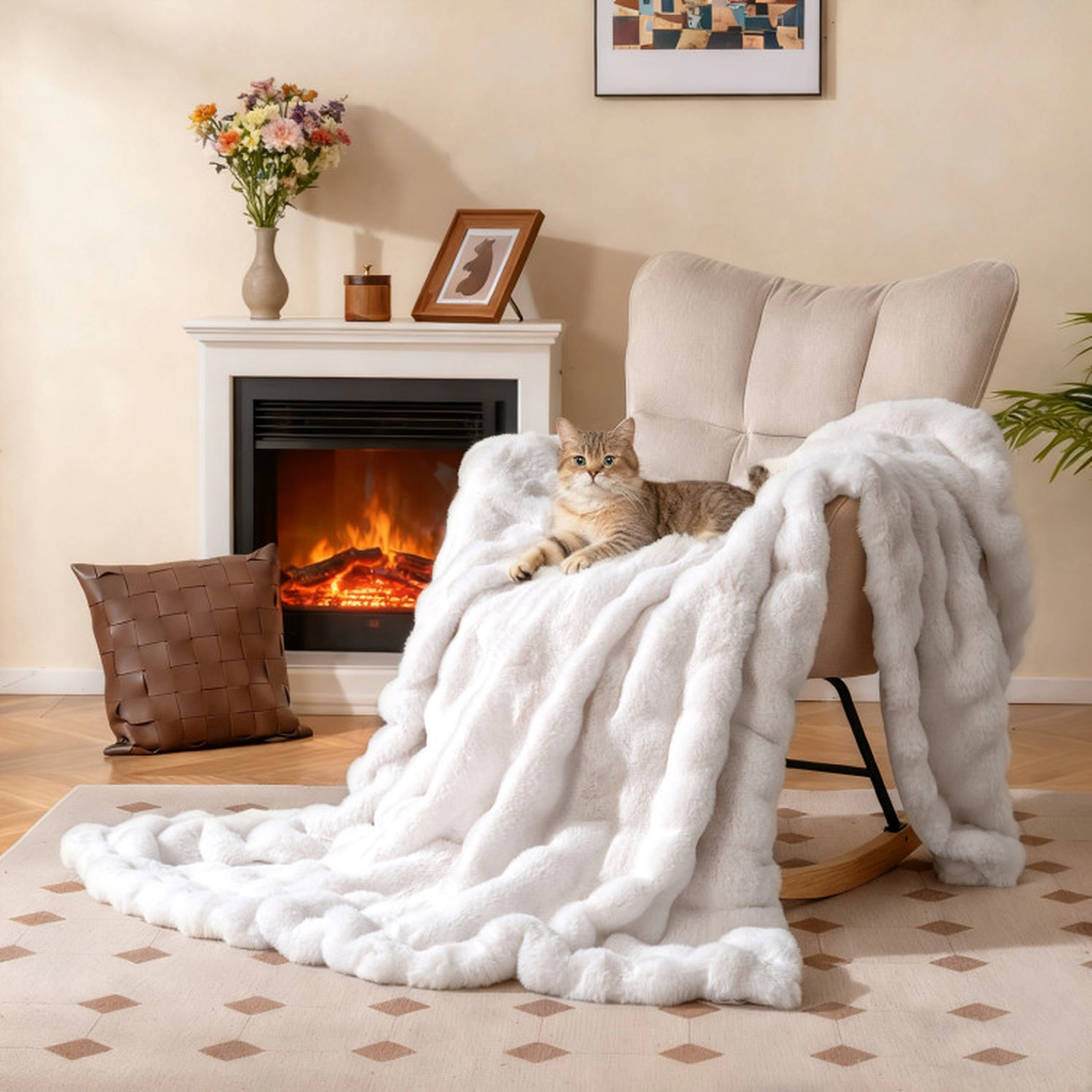 SUGIFT White 60-in by 80-in 620-GSM Double-Sided Faux Rabbit Fur Bubble Throw Blanket with Flannel Reverse
