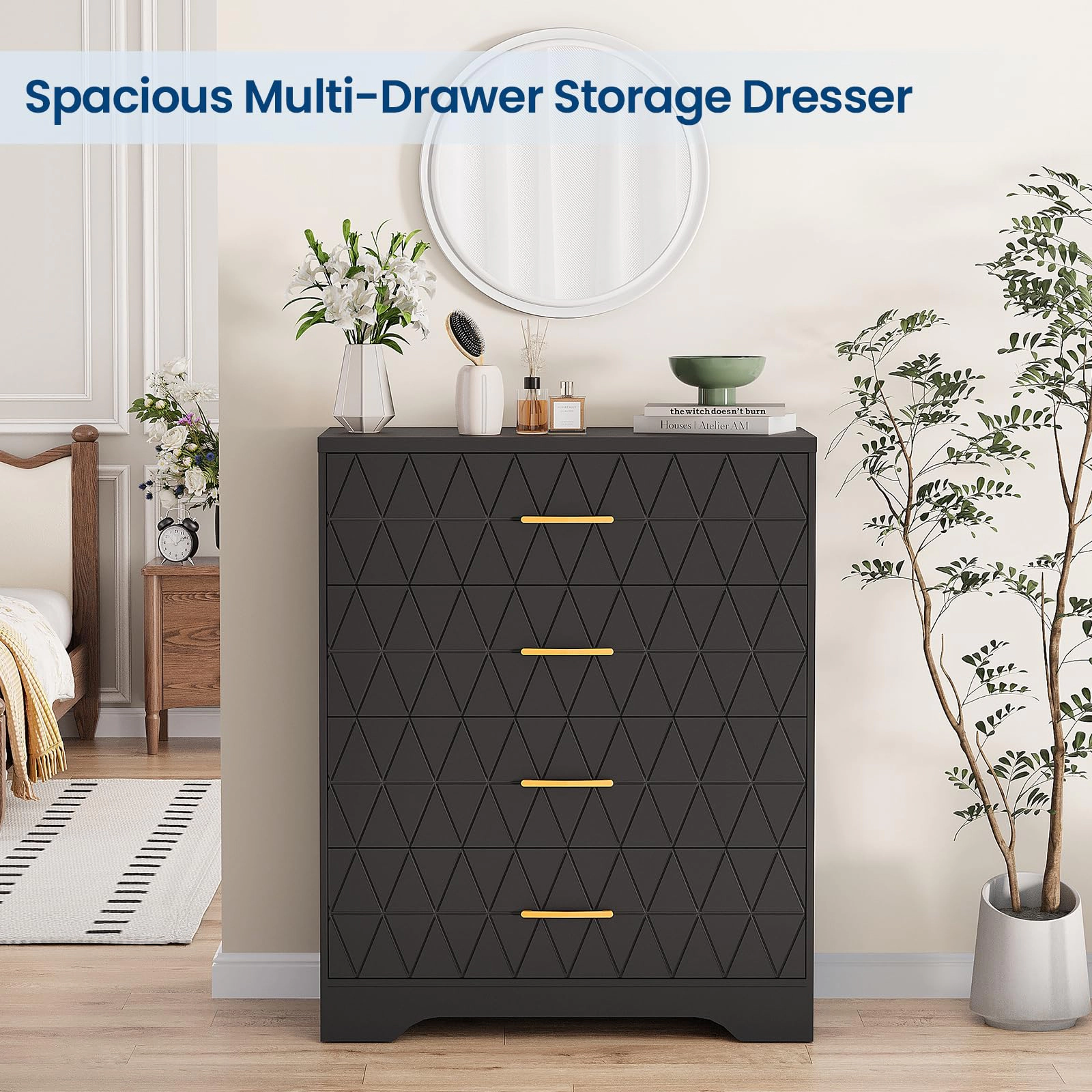 4 Drawer Wooden Dresser with Gold Handles, Modern Nightstand & Storage Organizer for Bedroom