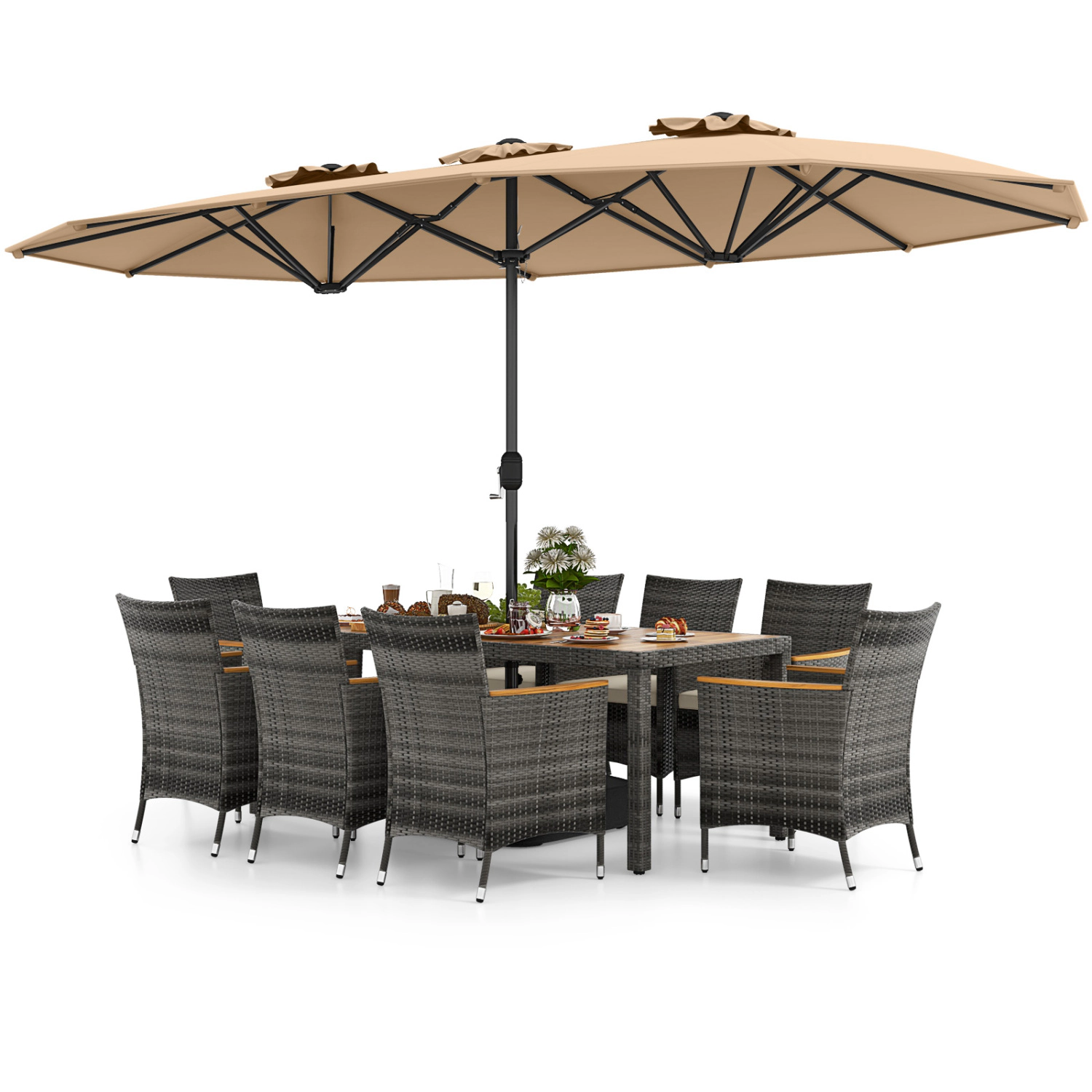 Hivvago 10 Pieces Patio Wicker Dining Set with 15 Feet Double-Sided Patio Umbrella