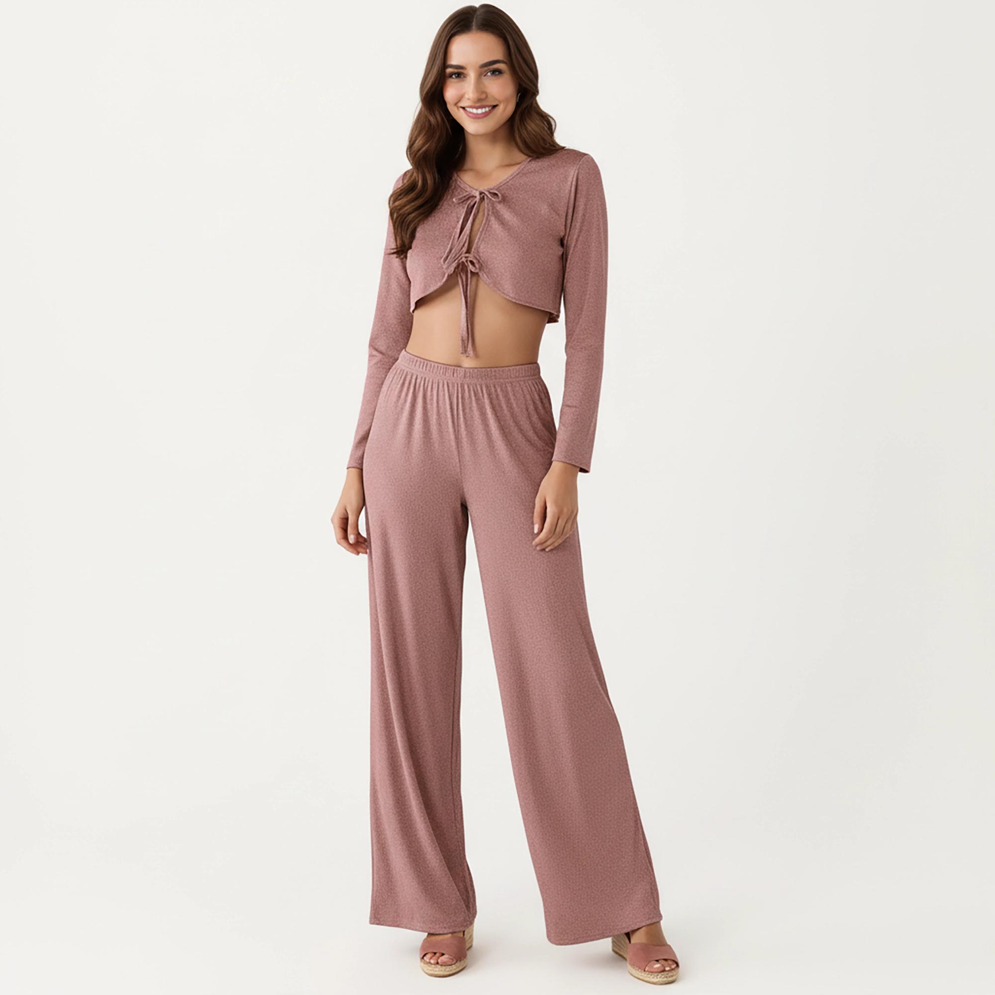 Anna-Kaci Women's Long Sleeve Pajama Set with Tie Front Cropped Top and Relaxed Fit High Waist Full-Length Lounge Pants