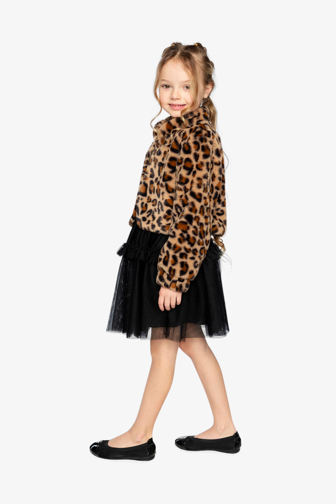Deux par Girls Button Front Leopard Print Faux Fur Jacket with Side Pockets