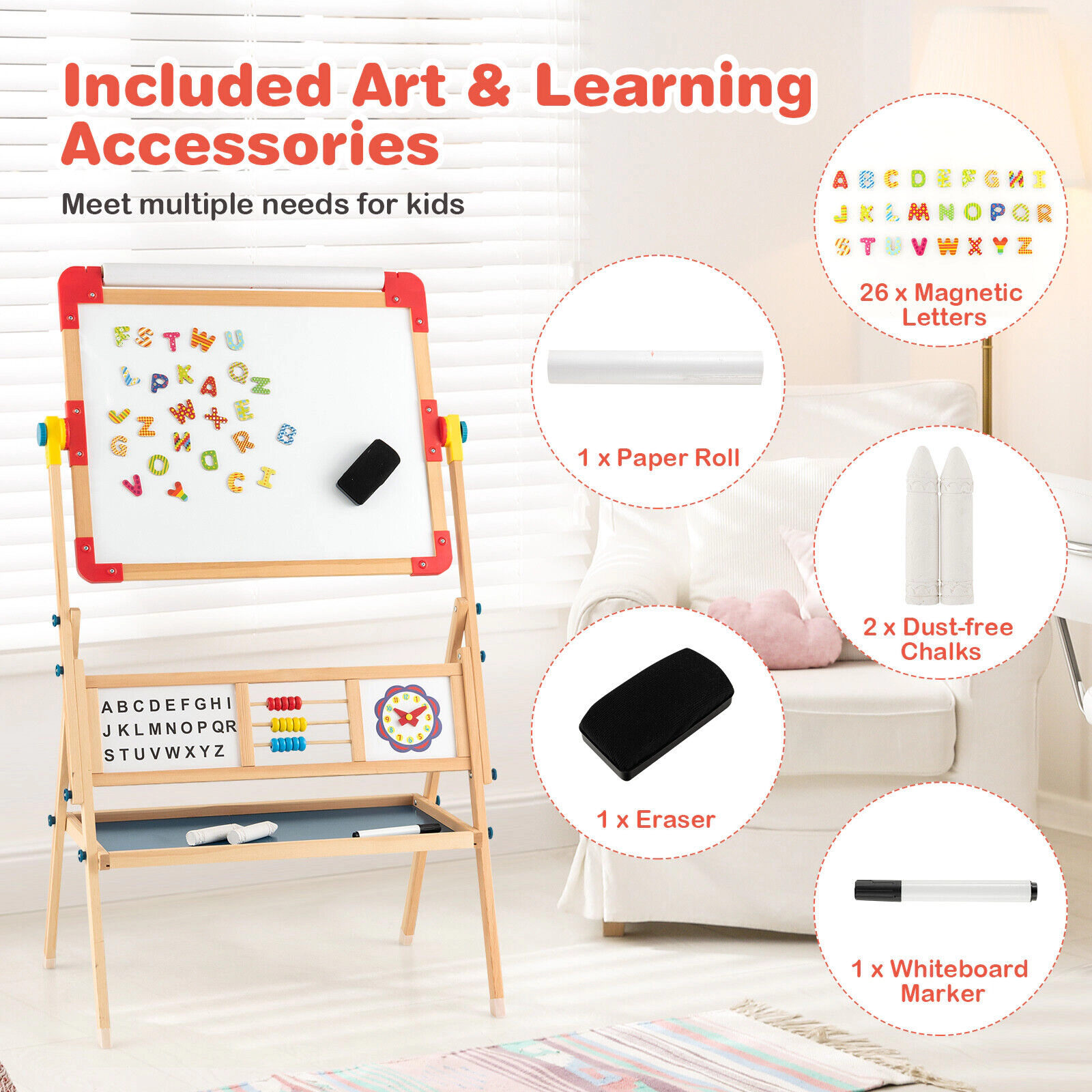 3-in-1 Wooden Art Easel for Kids with Alphabet Abacus Clock Learning Panels Paper Roll and Board Locks Flat as Table