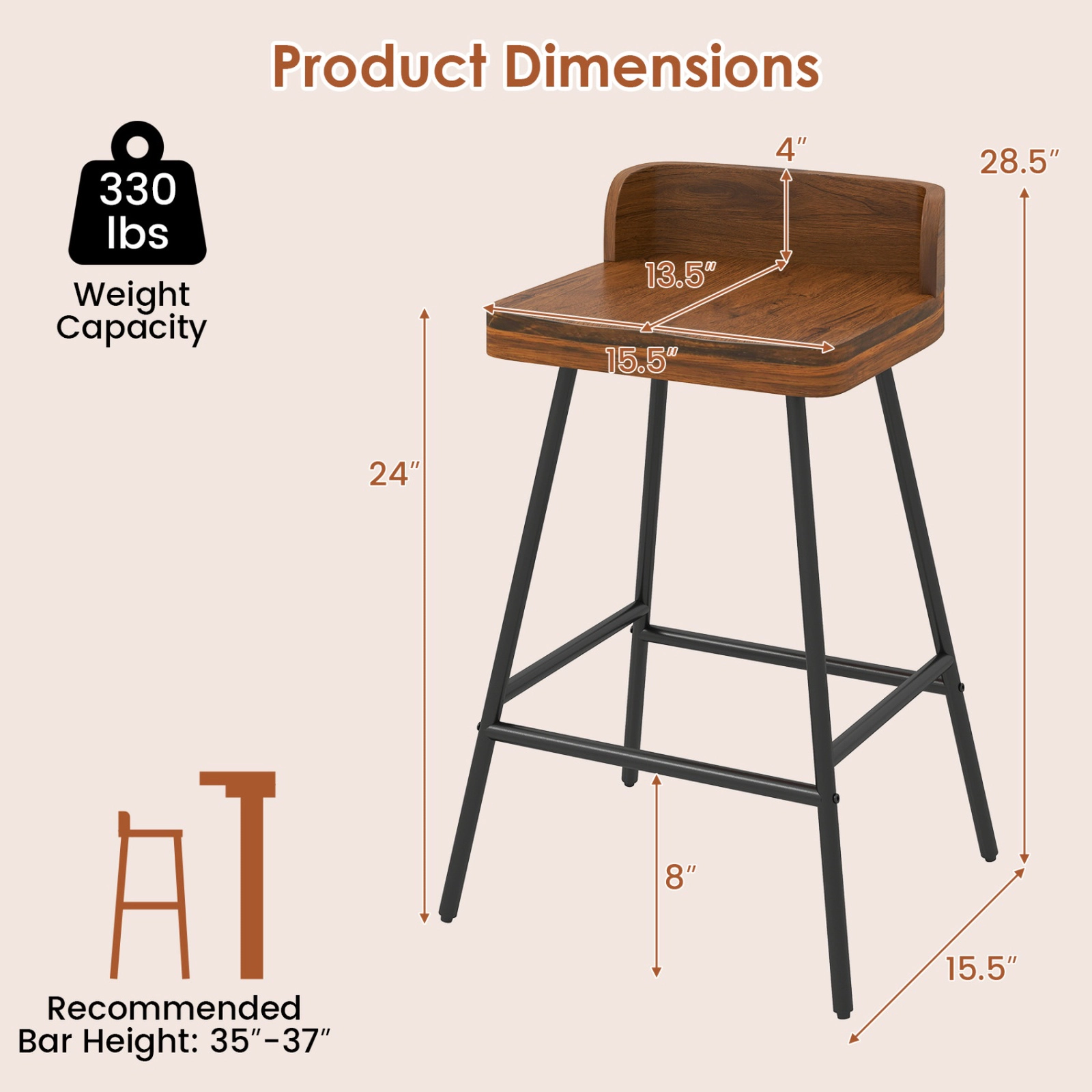 SUGIFT Low Back Metal Legs and Footrest Set of 2 Walnut Counter Height Bar Stools