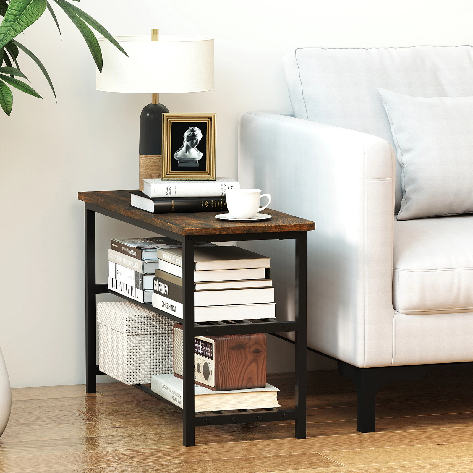 SUGIFT 3-Tier Shoe Rack Bench with Metal Slat Shelves and Long Wooden Seat 300-lb Top Seat Capacity Rustic Brown + Black