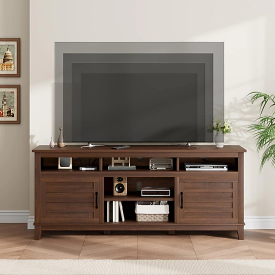 BebreezChic 70.9" TV Stand, Entertainment Center with Adjustable Shelves, Farmhouse TV Stand with Cabinet Doors