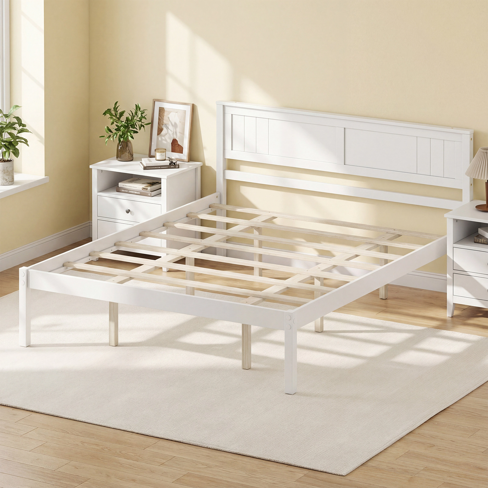 SUGIFT Queen Wooden Platform Bed Frame with Panel Headboard, Natural Finish