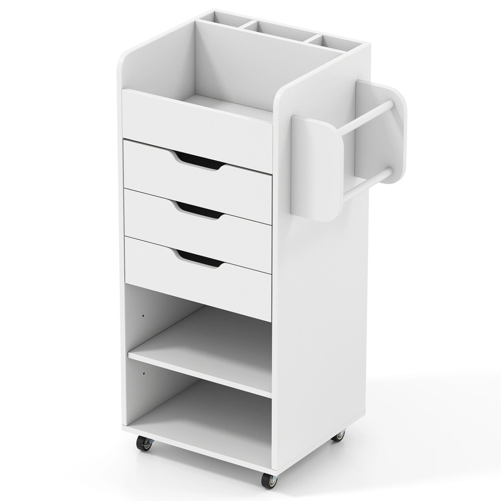 SUGIFT Utility Trolley Wrapping Paper Storage Cart 3 Drawers & Open Shelves 22-lb Countertop Capacity Rustic Brown/White