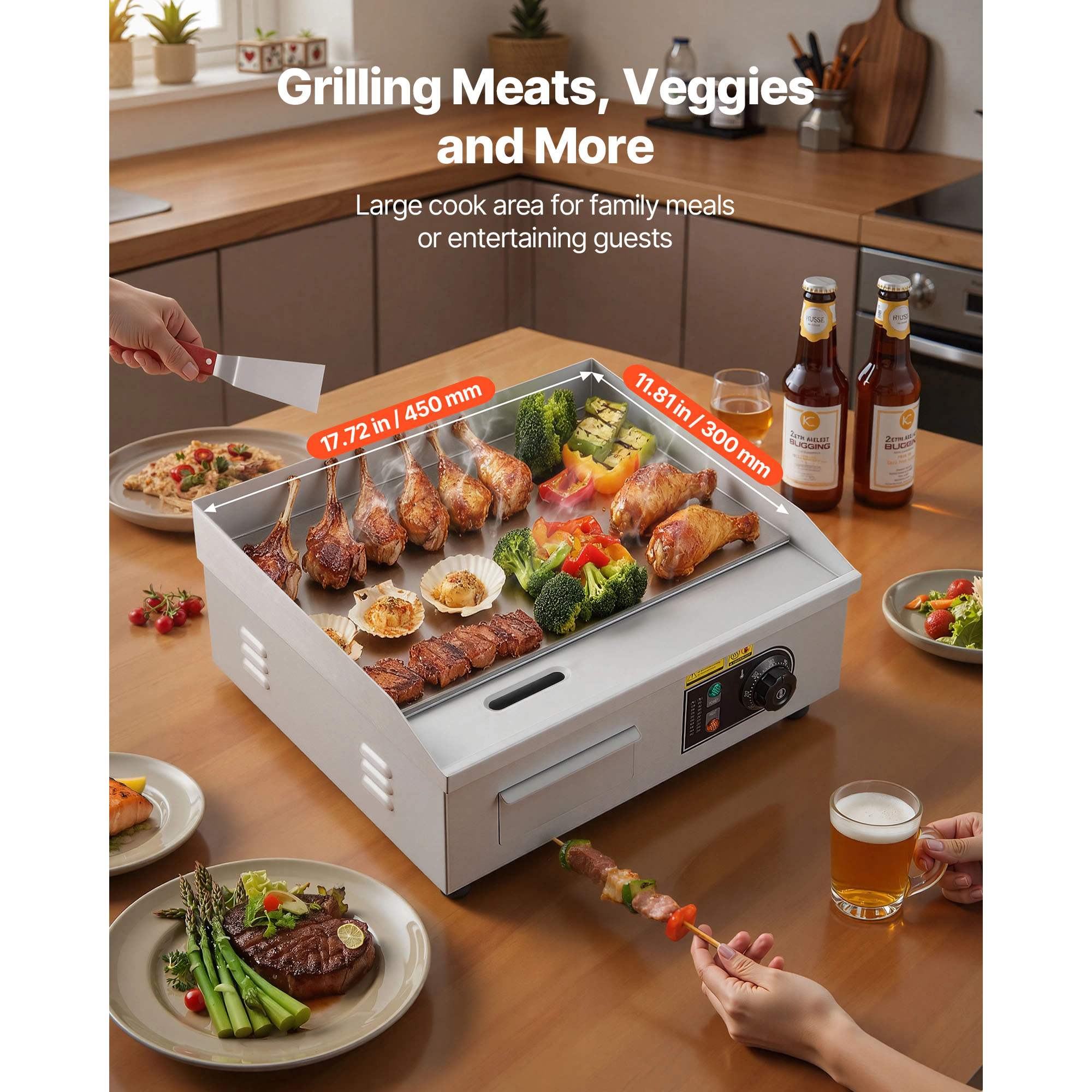 HONGGE Commercial Electric Griddle, 1750W, 122-570°F Adjustable Temp Control, with 2 Spatulas, 2 Brushes