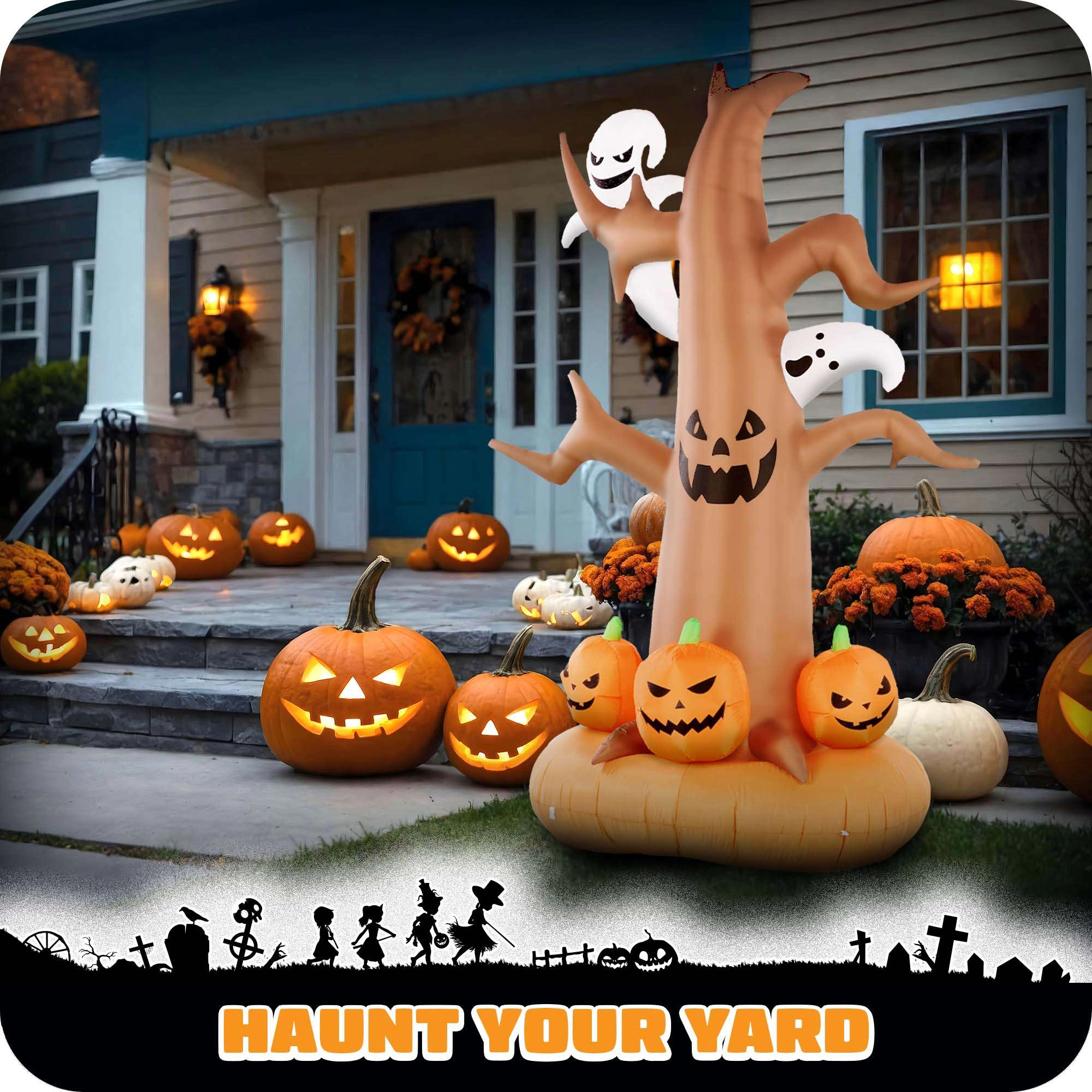 G128 8 ft Haunted Tree Inflatable with Ghosts and Pumpkins, LED Lights, Fast Inflate, Weather-Resistant Outdoor Decor