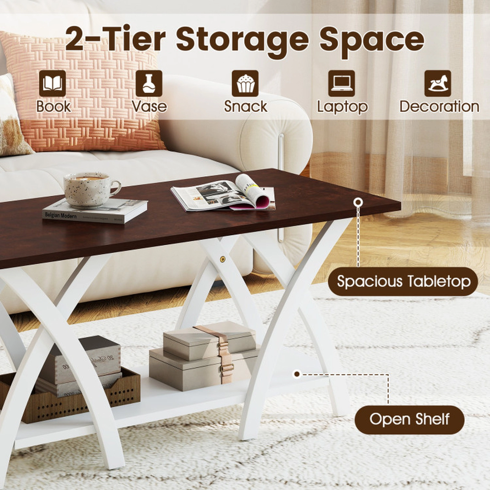 SUGIFT 40-in Farmhouse Wooden 2-Tier Coffee Table with Storage Shelf 155-lb Capacity Rubber Wood Walnut + White